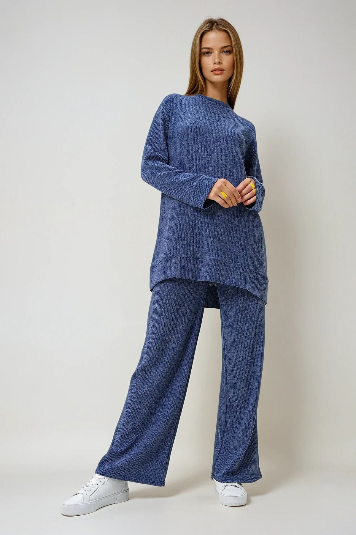 İndigo Bisiklet Yaka Kendinden Dokulu Mevsimlik Tunik Ve Pantolon Takım