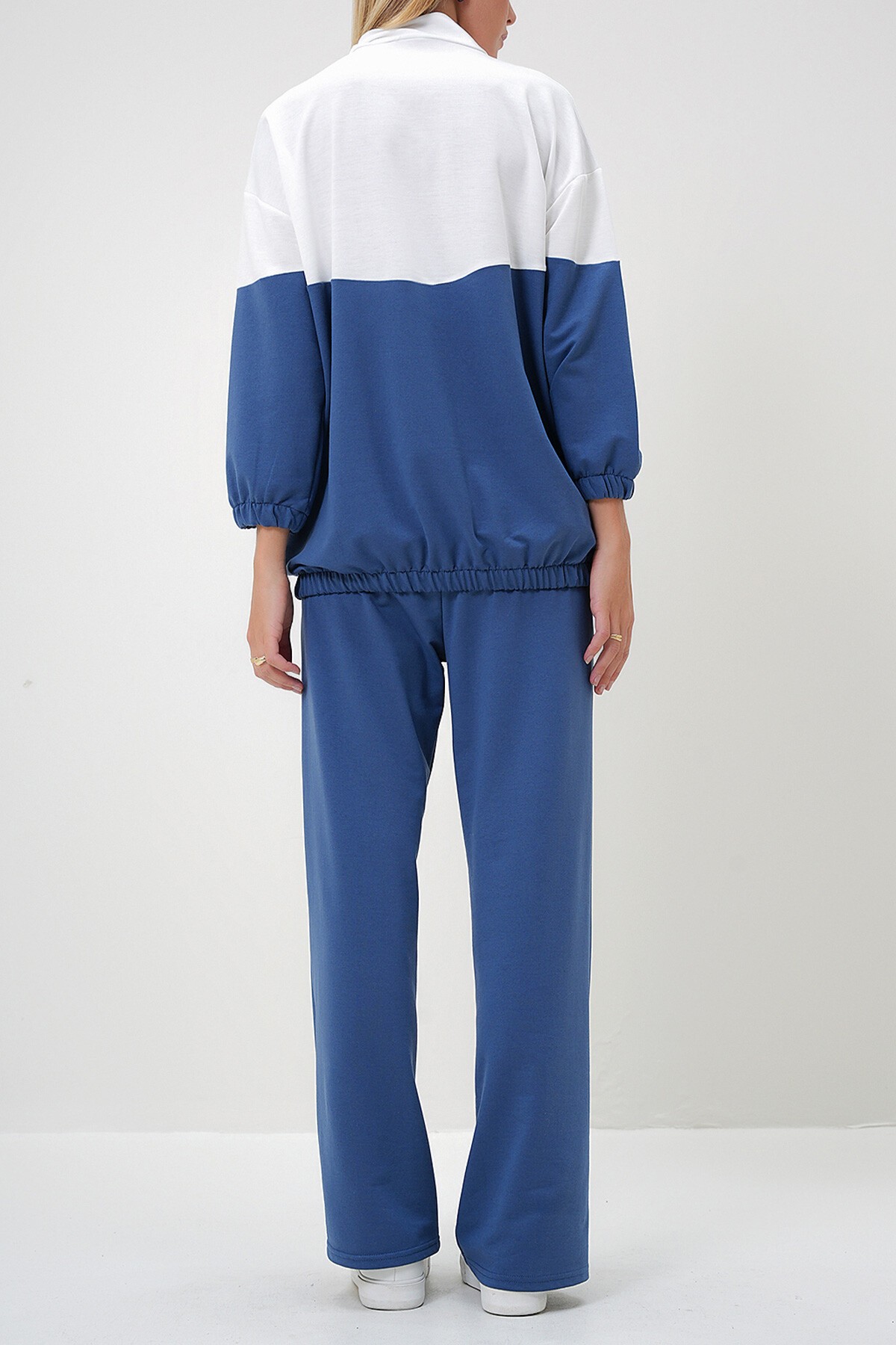 İndigo Dik Yaka Fermuarlı Renk Bloklu İki İplik Alt Üst Takım