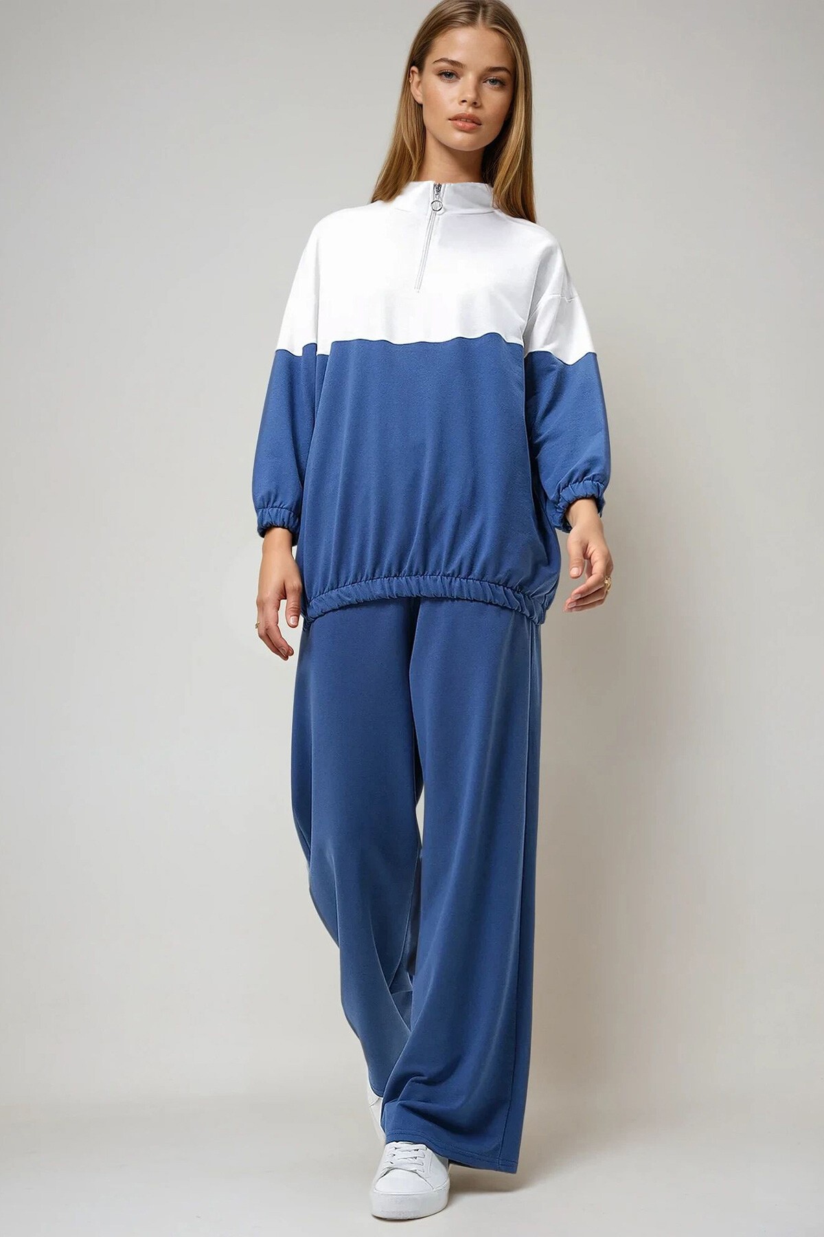 İndigo Dik Yaka Fermuarlı Renk Bloklu İki İplik Alt Üst Takım