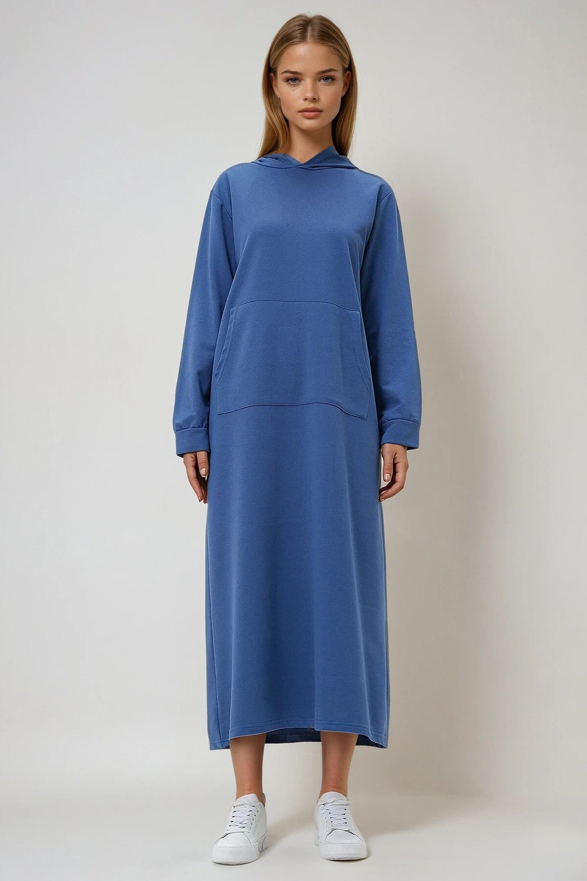 İndigo Kapüşonlu Kangru Cepli İki İplik Maxi Boy Elbise