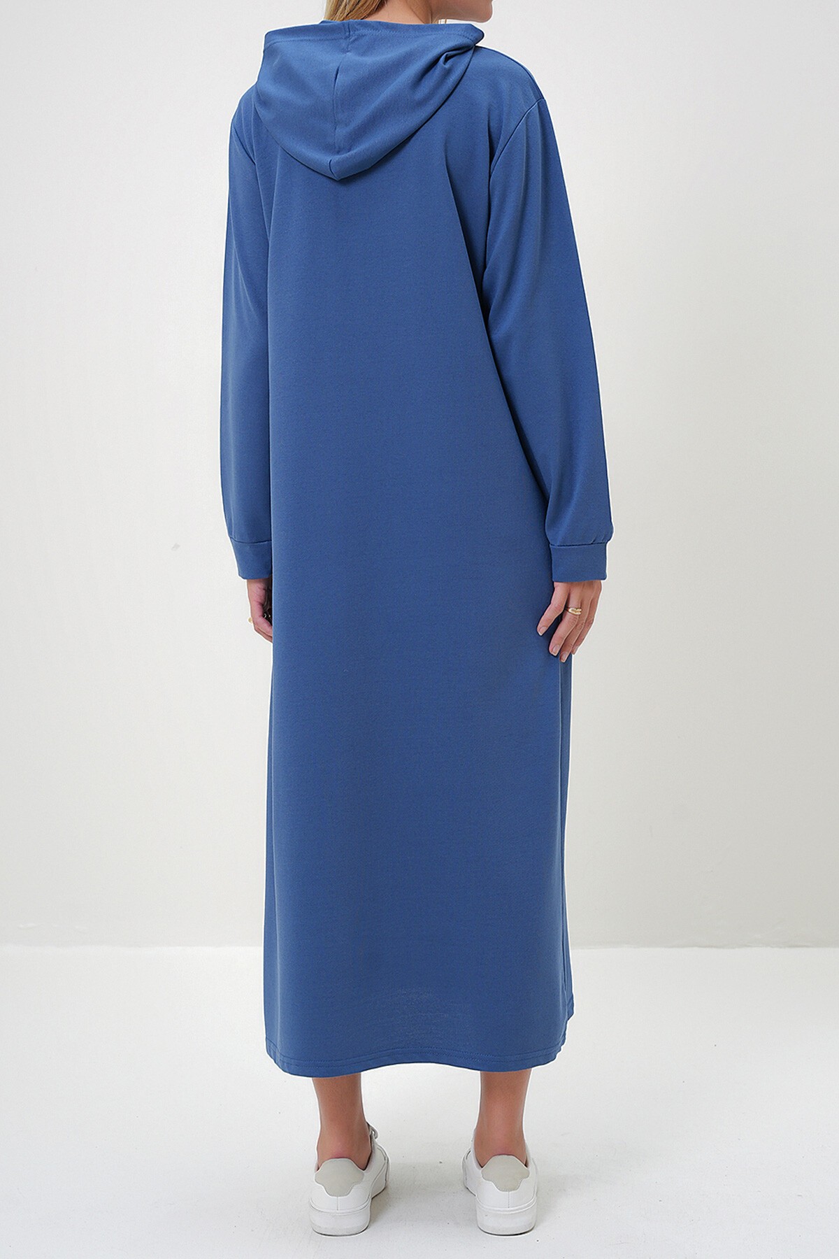 İndigo Kapüşonlu Kangru Cepli İki İplik Maxi Boy Elbise