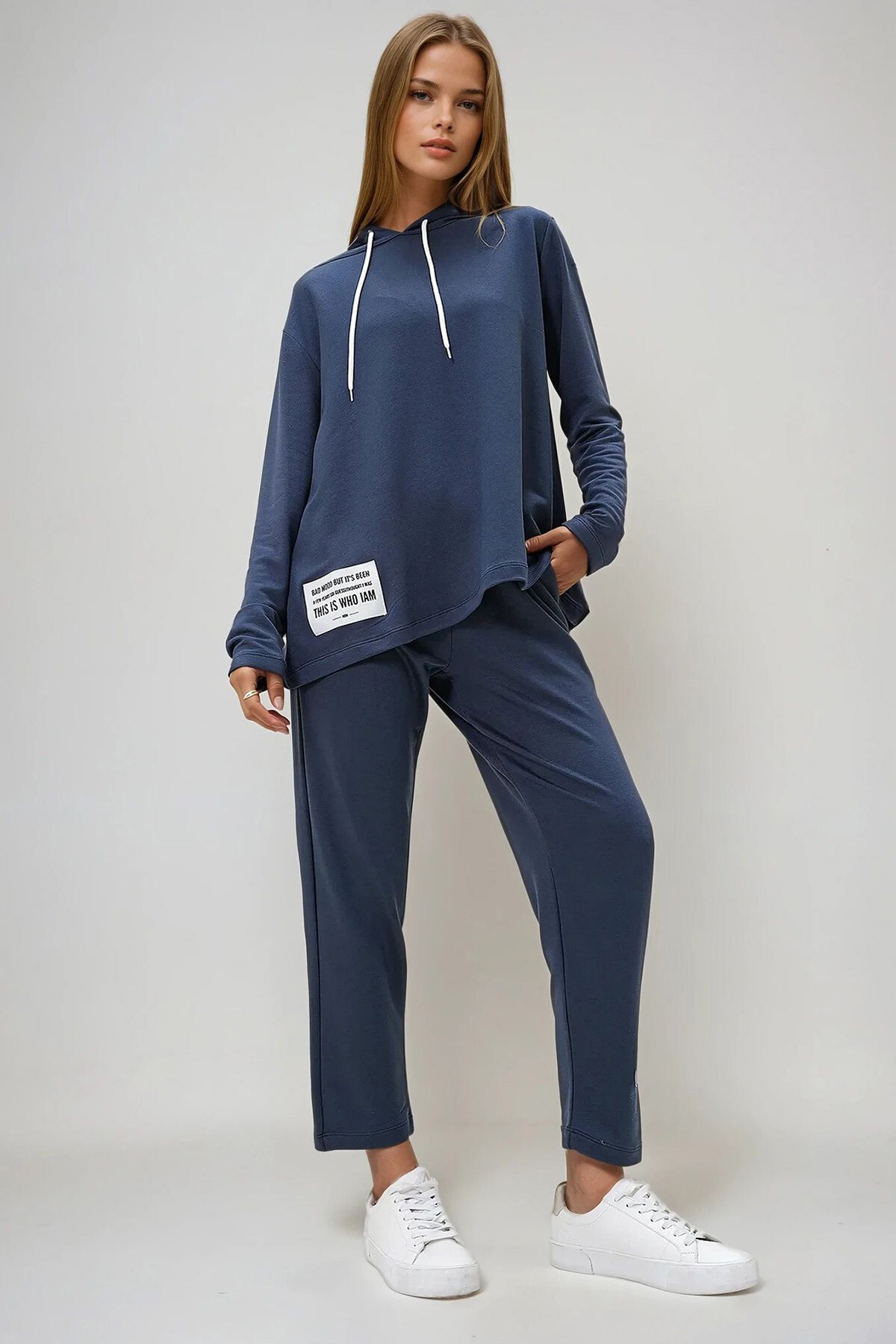 İndigo Mavi Arma Detaylı Kapüşonlu İki İplik Eşofman Takım