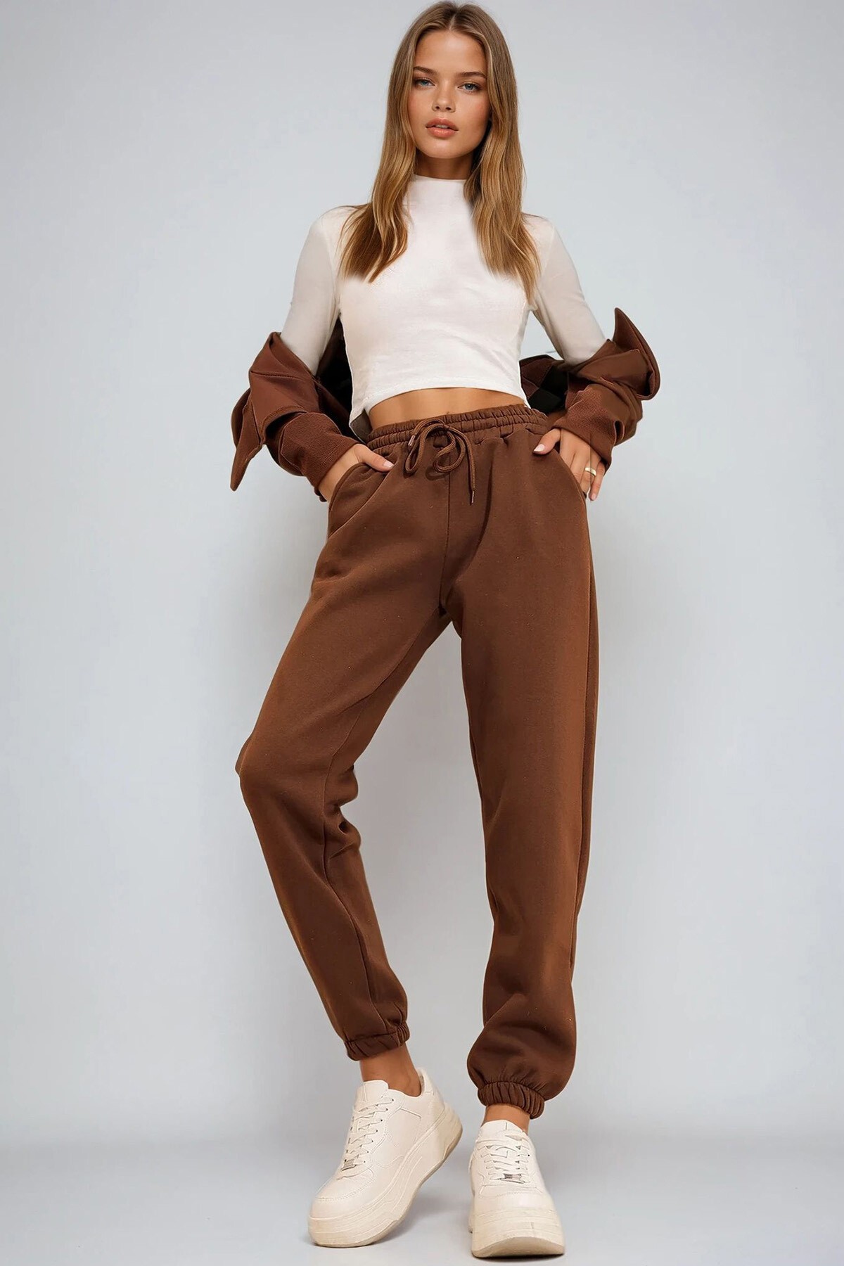 Kahve 3 İplik İçi Şardonlu Jogging Eşofman Altı