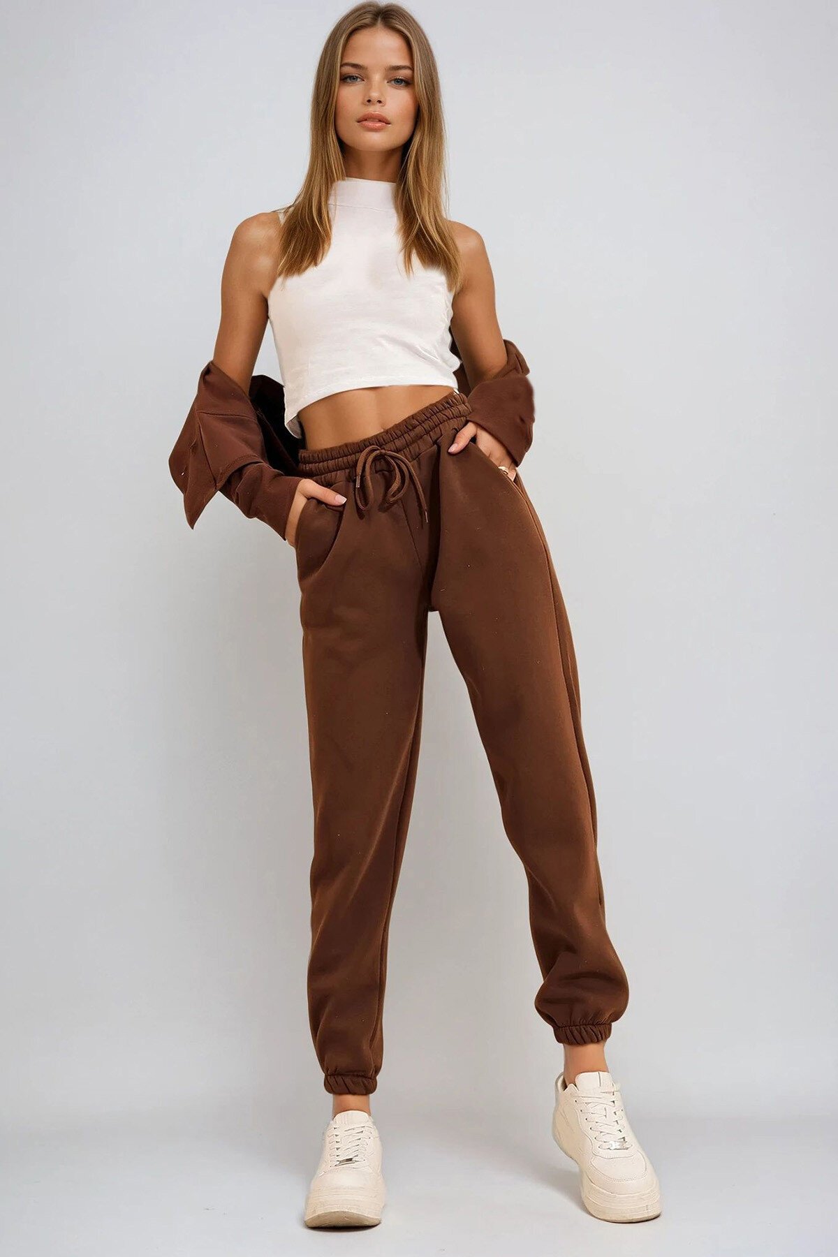 Kahve 3 İplik İçi Şardonlu Jogging Eşofman Altı