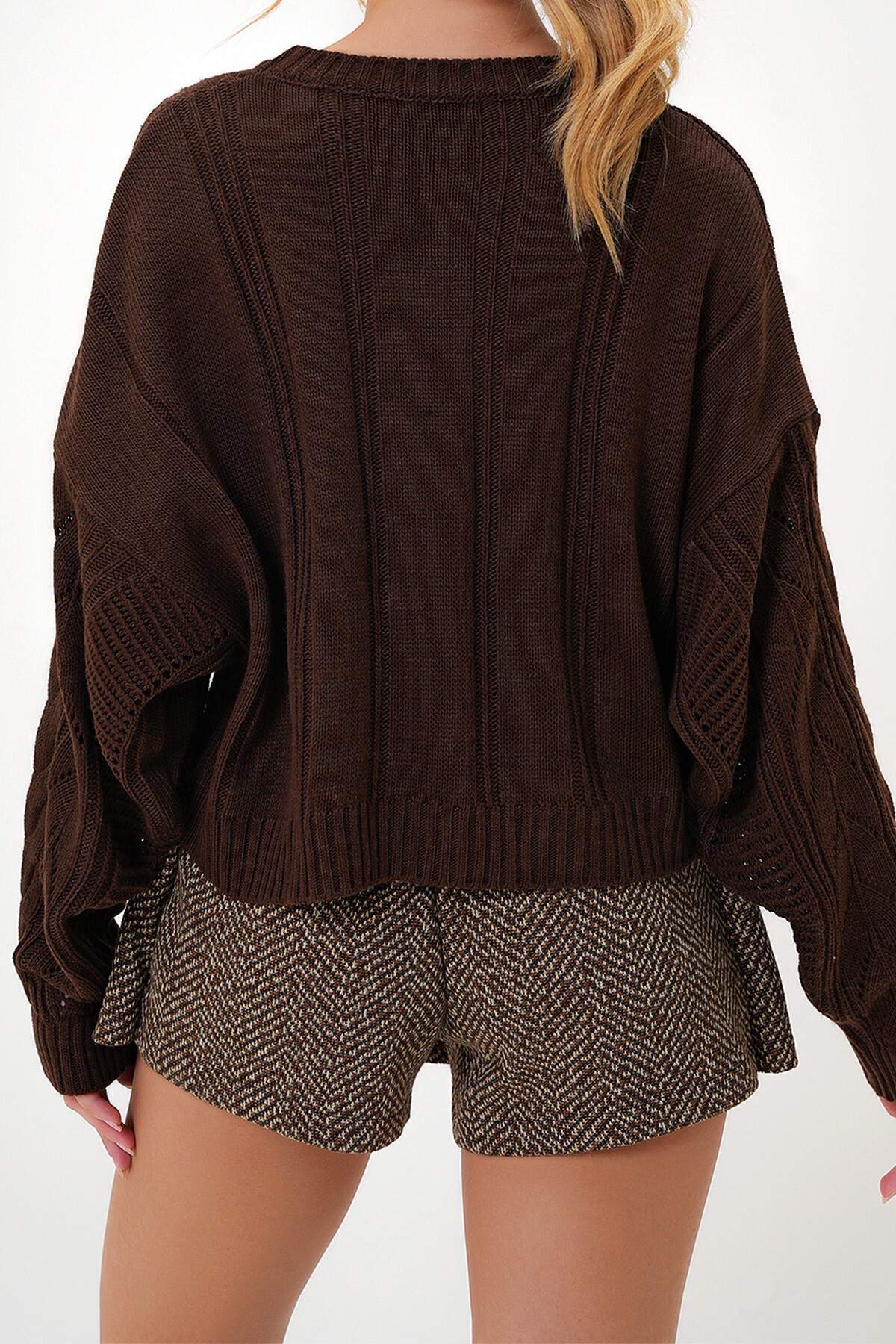 Kahve Bisiklet Yaka Balıksırtı Desenli Triko Crop Kazak