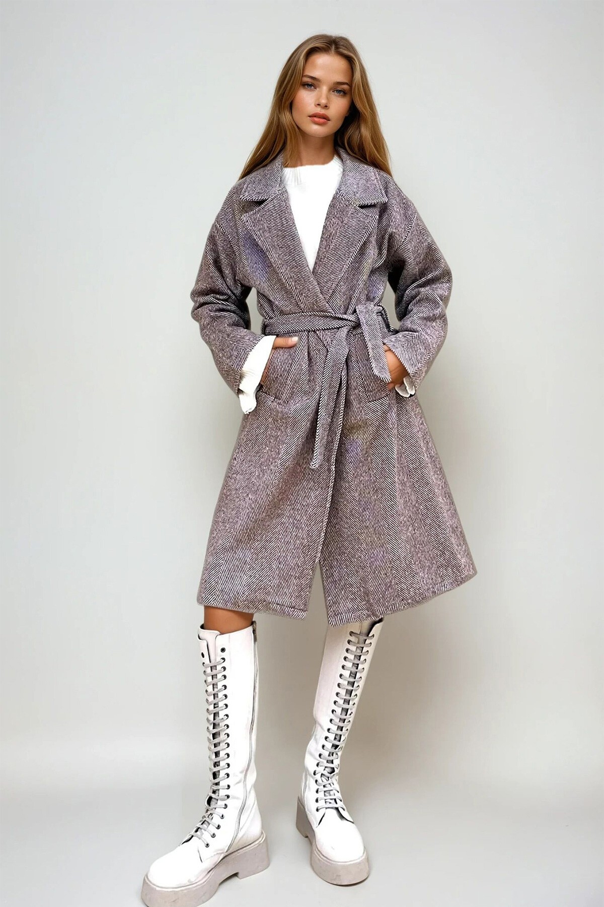 Kahve Çift Cepli İçi Astarsız Kendinden Kemerli Kaşe Kaban