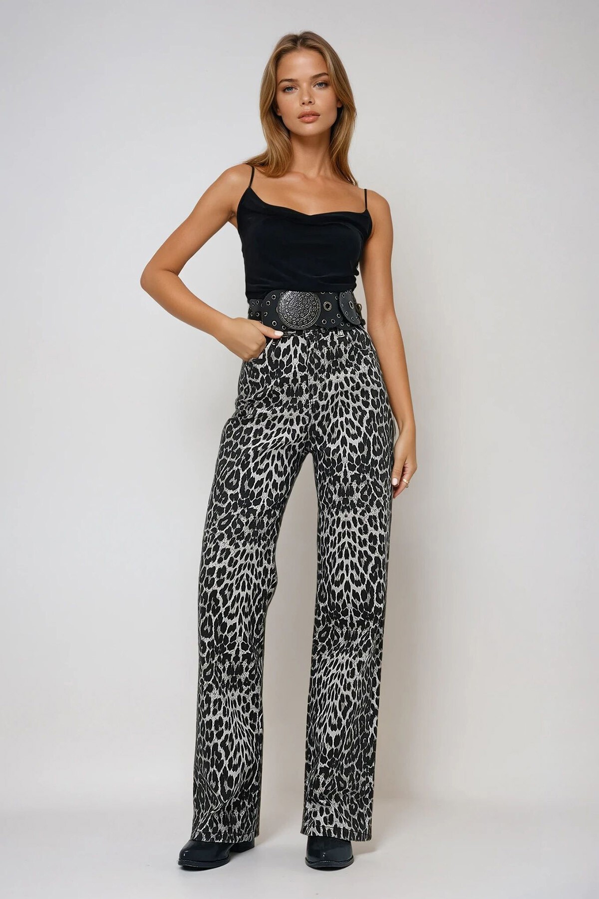 Kahve Siyah Yüksek Bel Desenli Palazzo Pantolon