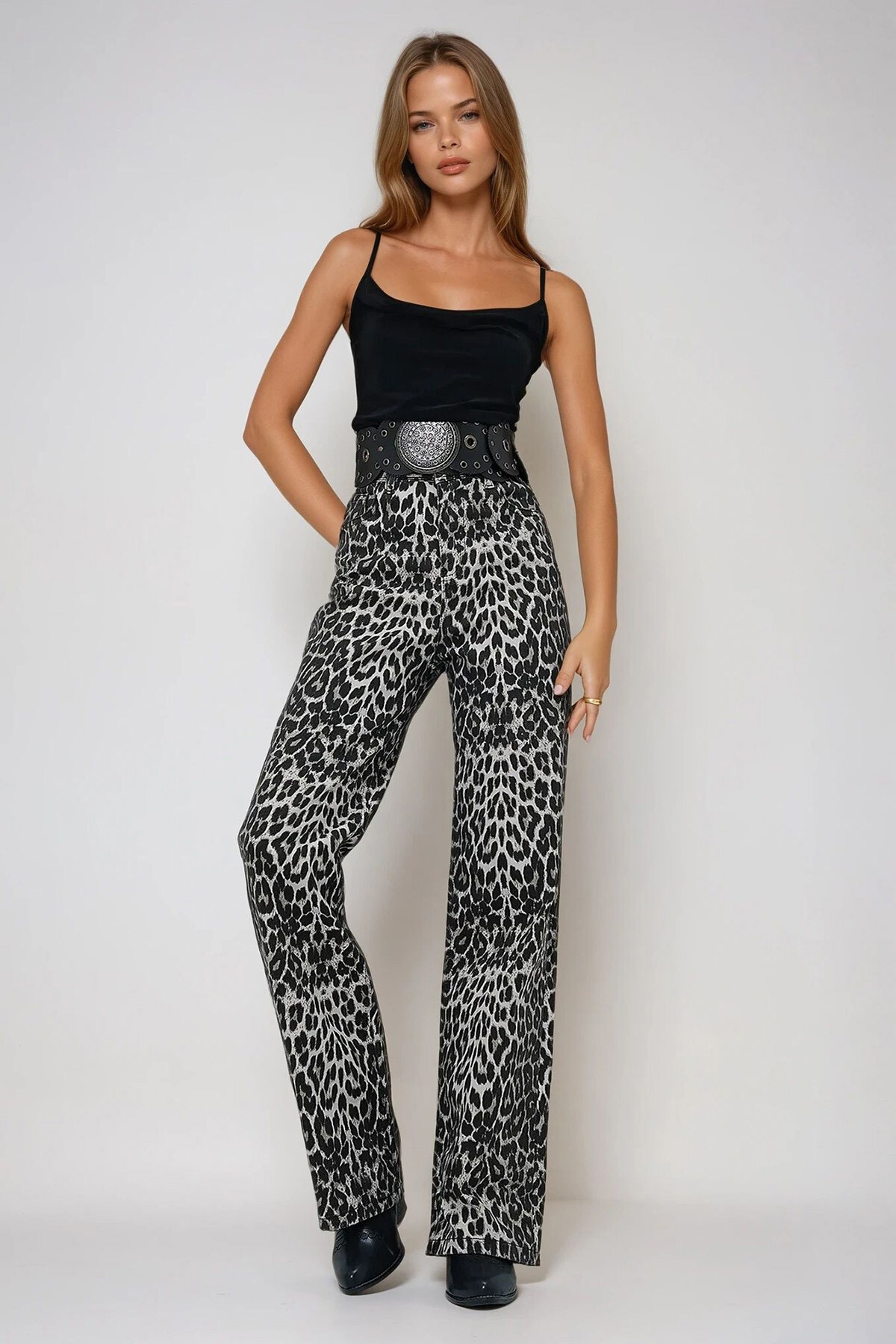 Kahve Siyah Yüksek Bel Desenli Palazzo Pantolon