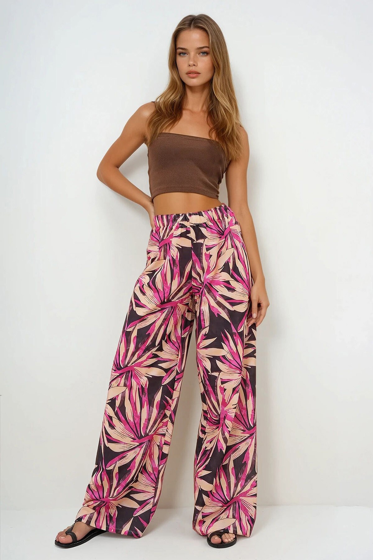 Kahverengi Bej Beli Lastikli Desenli  Geniş Paça Pantolon