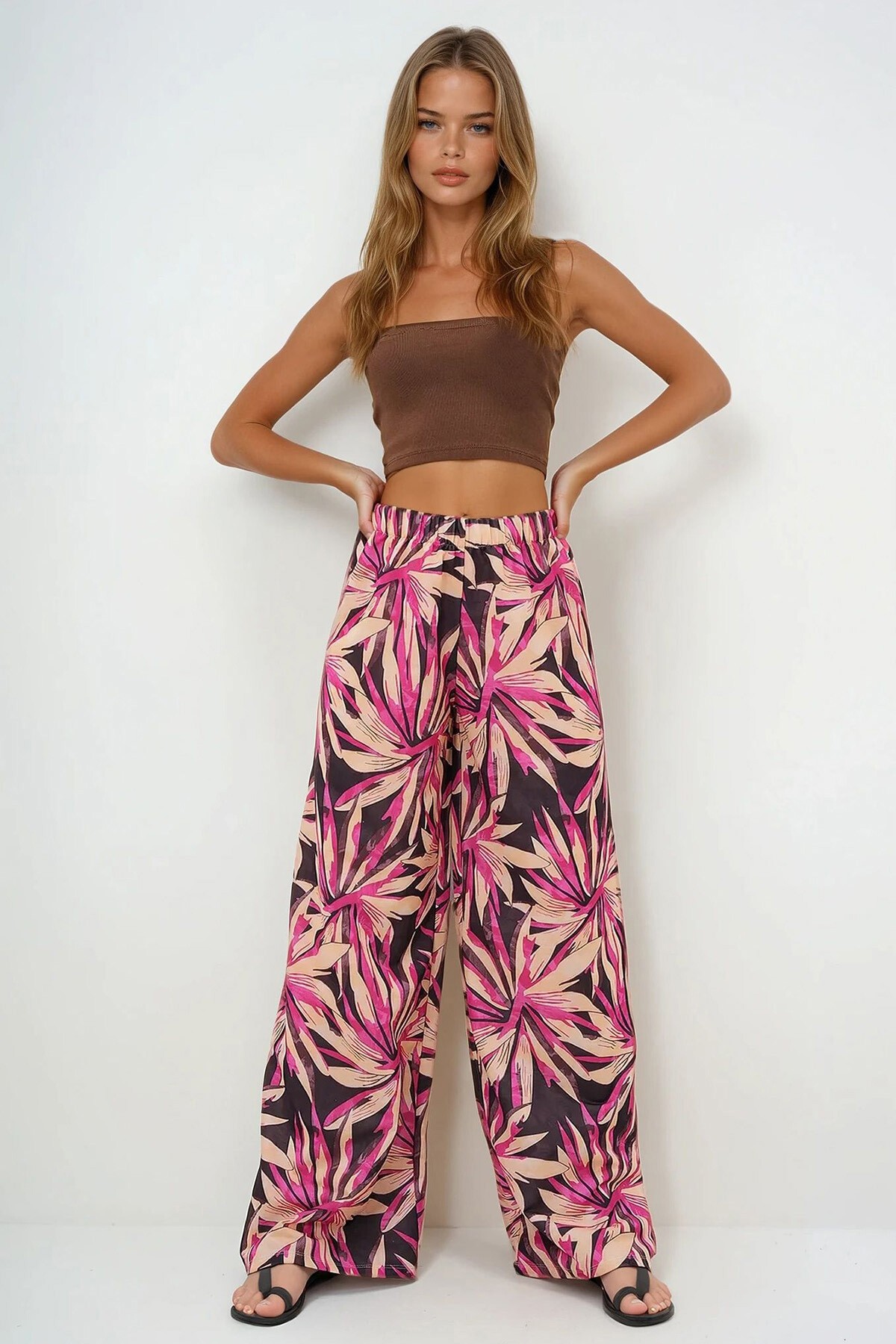 Kahverengi Bej Beli Lastikli Desenli  Geniş Paça Pantolon