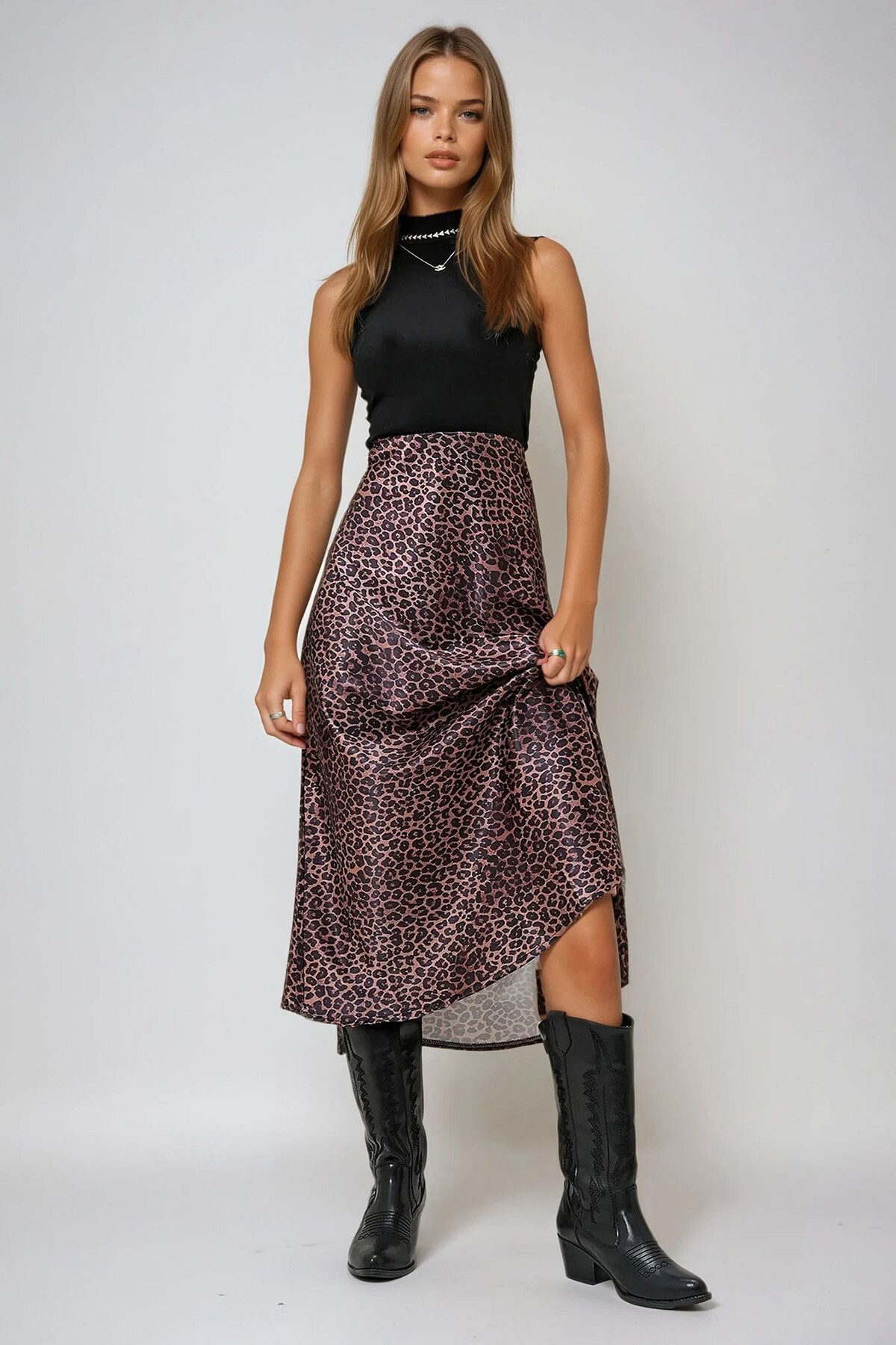 Kahverengi Beli Gizli Lastikli Desenli Maxi Boy Saten Etek