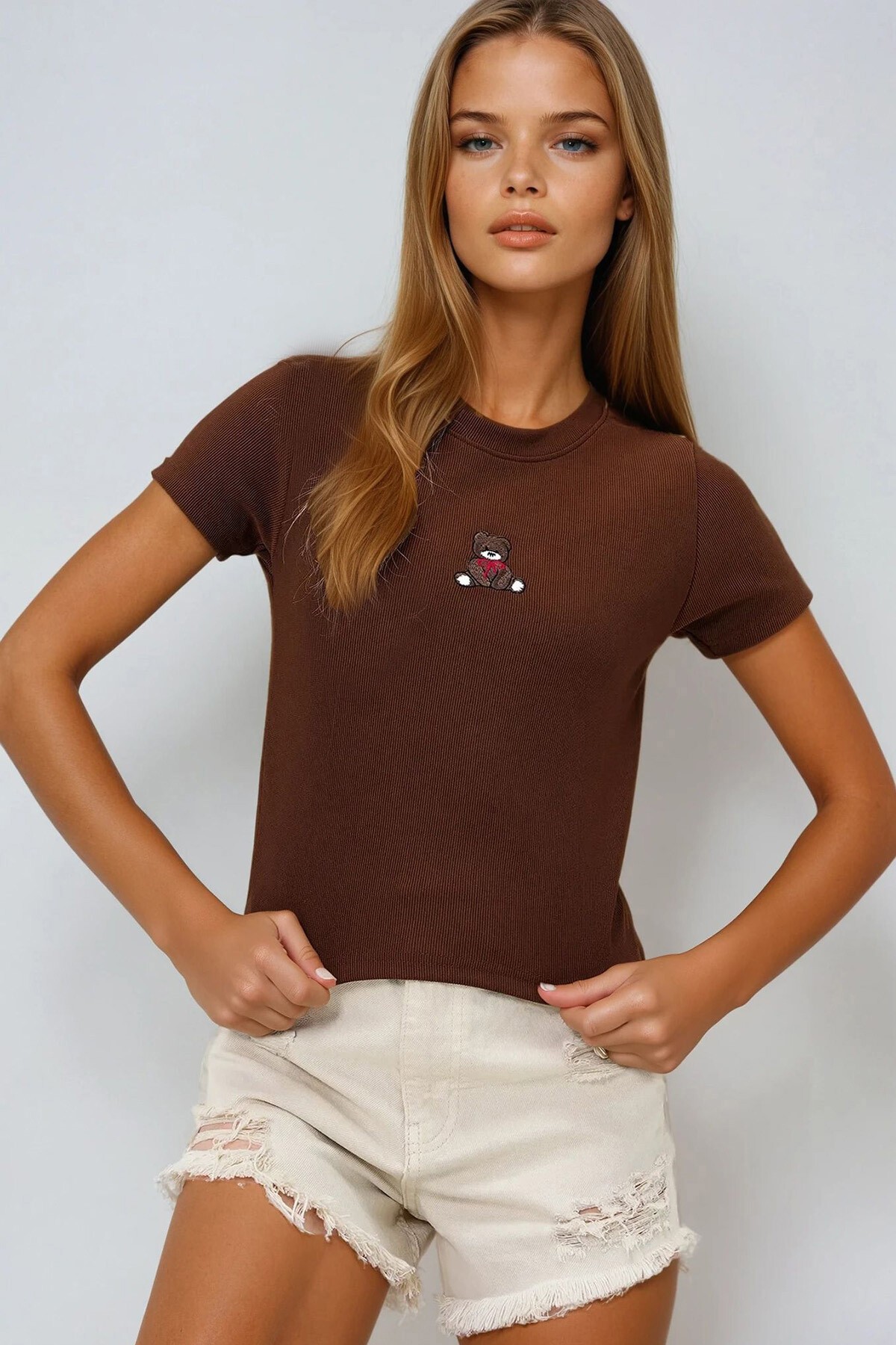 Kahverengi Bisiklet Yaka Ayıcık Baskılı Crop Bluz