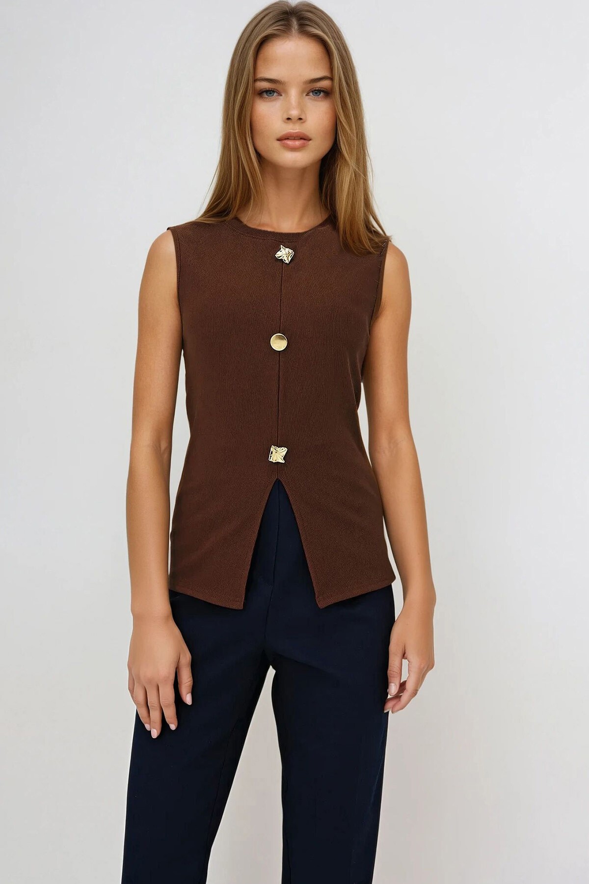 Kahverengi Bisiklet Yaka Gold Düğmeli Ottoban Bluz