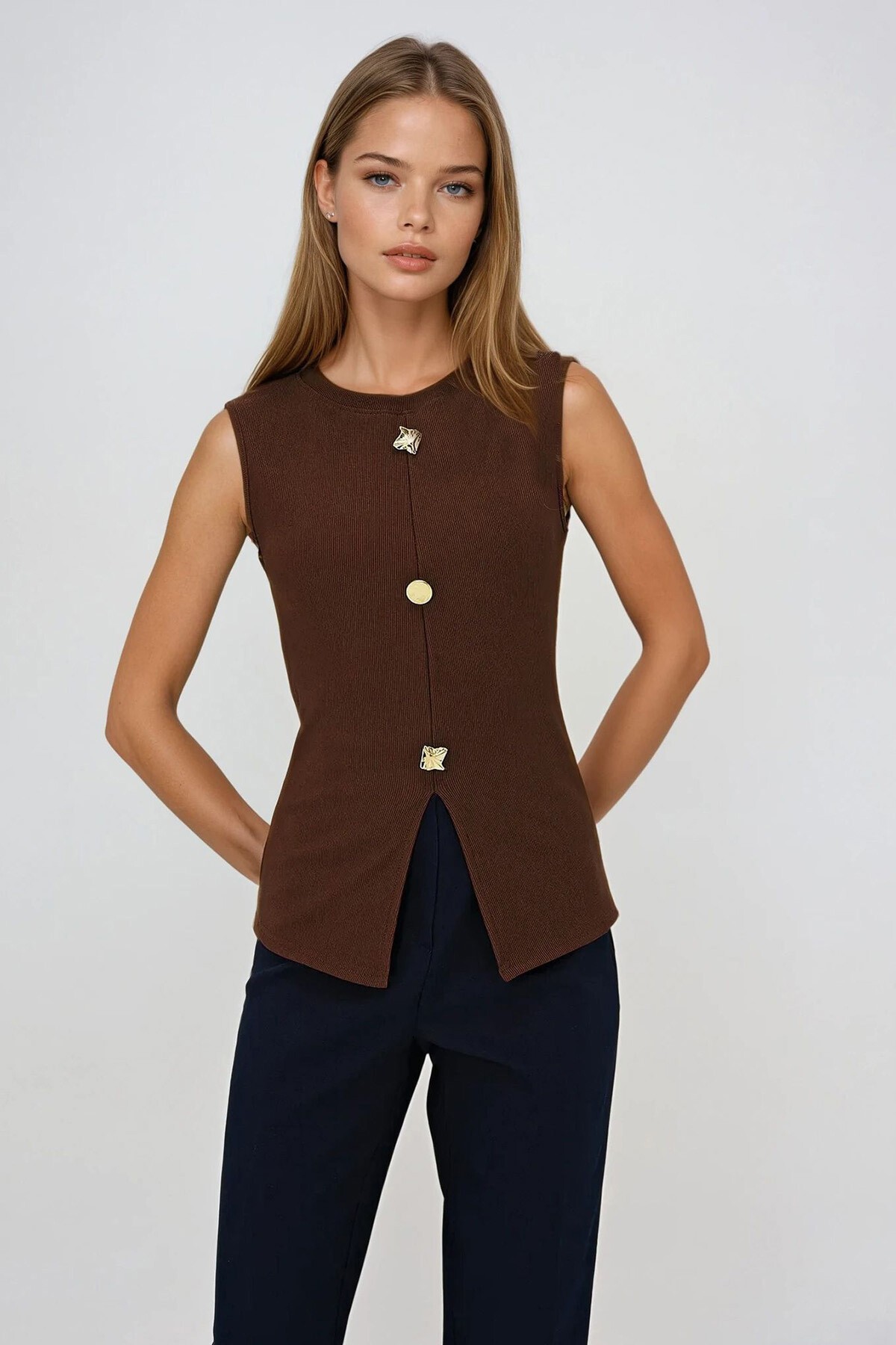 Kahverengi Bisiklet Yaka Gold Düğmeli Ottoban Bluz