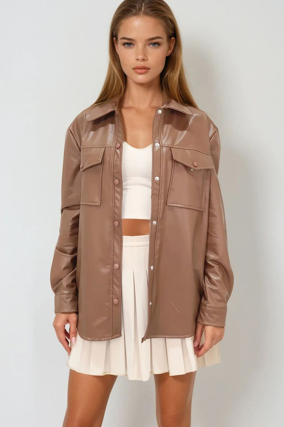 Kahverengi Çift Cepli Çıtçıt Kapamalı Oversize Suni Deri Ceket