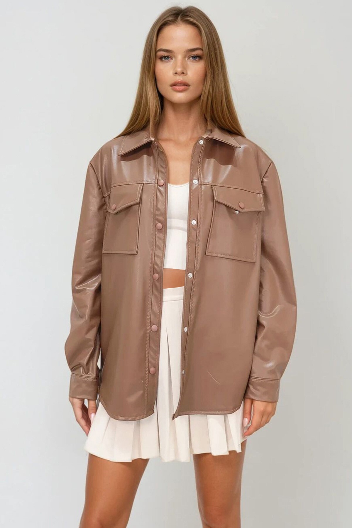 Kahverengi Çift Cepli Çıtçıt Kapamalı Oversize Suni Deri Ceket