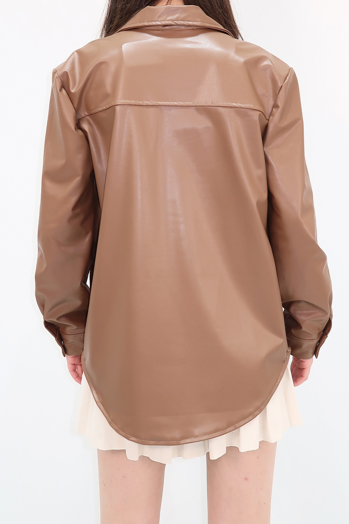 Kahverengi Çift Cepli Çıtçıt Kapamalı Oversize Suni Deri Ceket