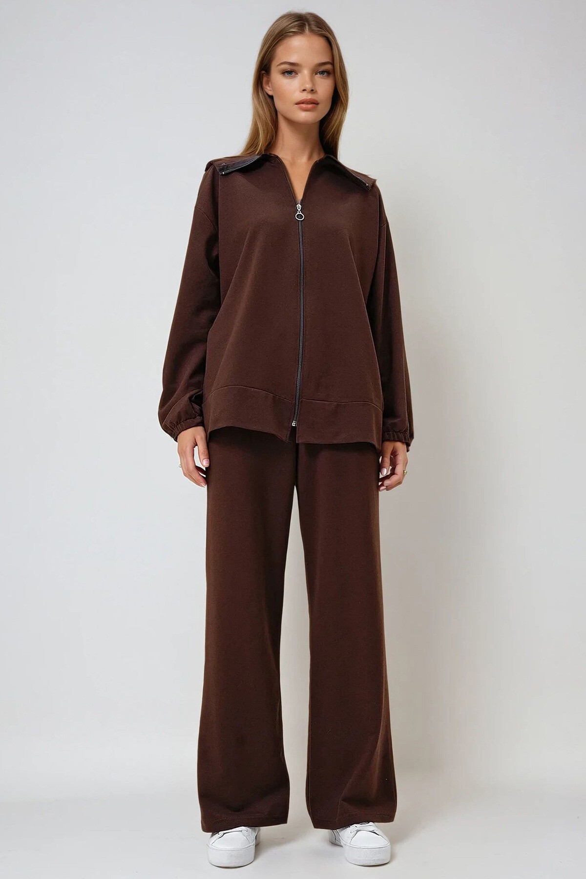 Kahverengi Denizci Yaka Fermuarlı Mevsimlik Tunik  Ve Pantolon İkili Takım