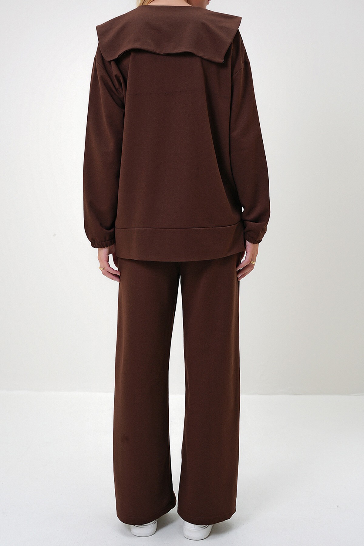 Kahverengi Denizci Yaka Fermuarlı Mevsimlik Tunik  Ve Pantolon İkili Takım