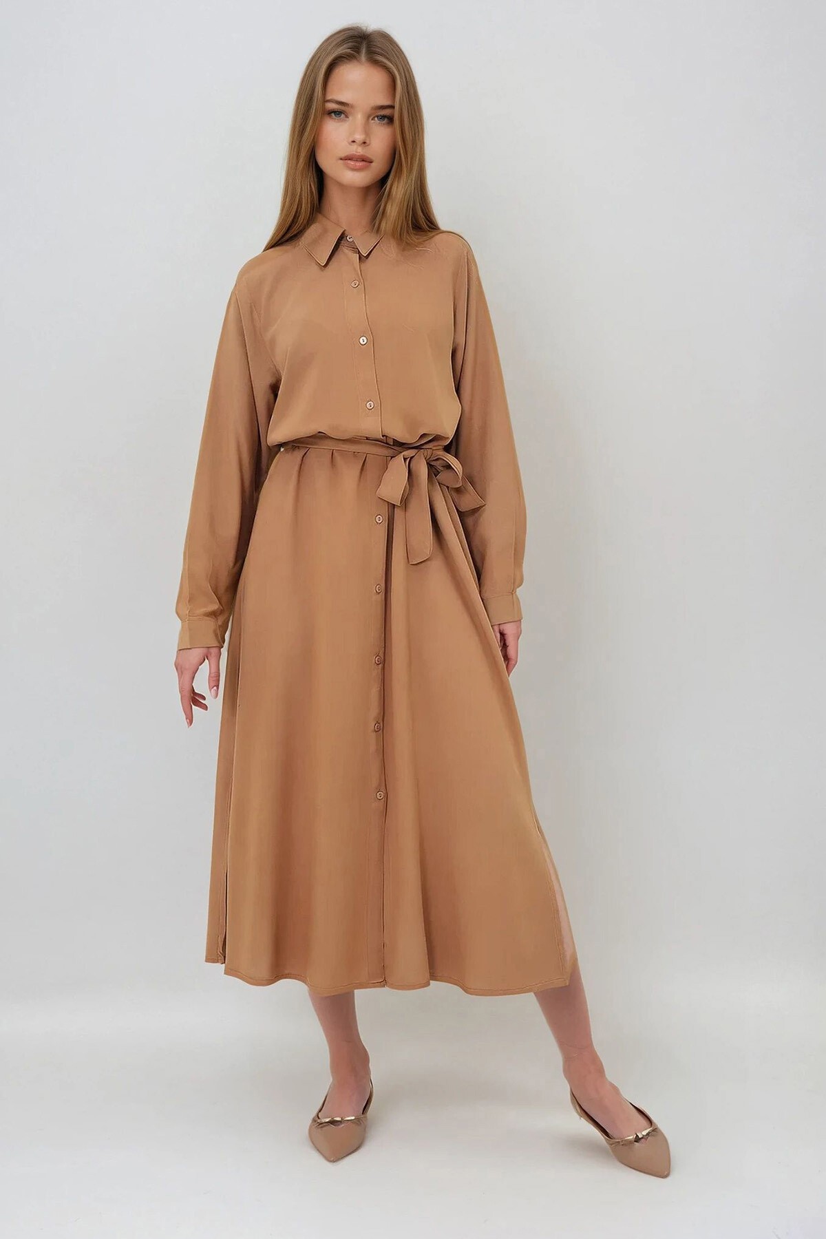 Kahverengi Dokuma Viskon Gömlek Elbise