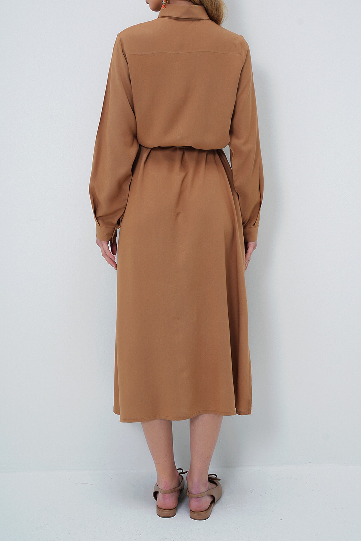 Kahverengi Dokuma Viskon Gömlek Elbise