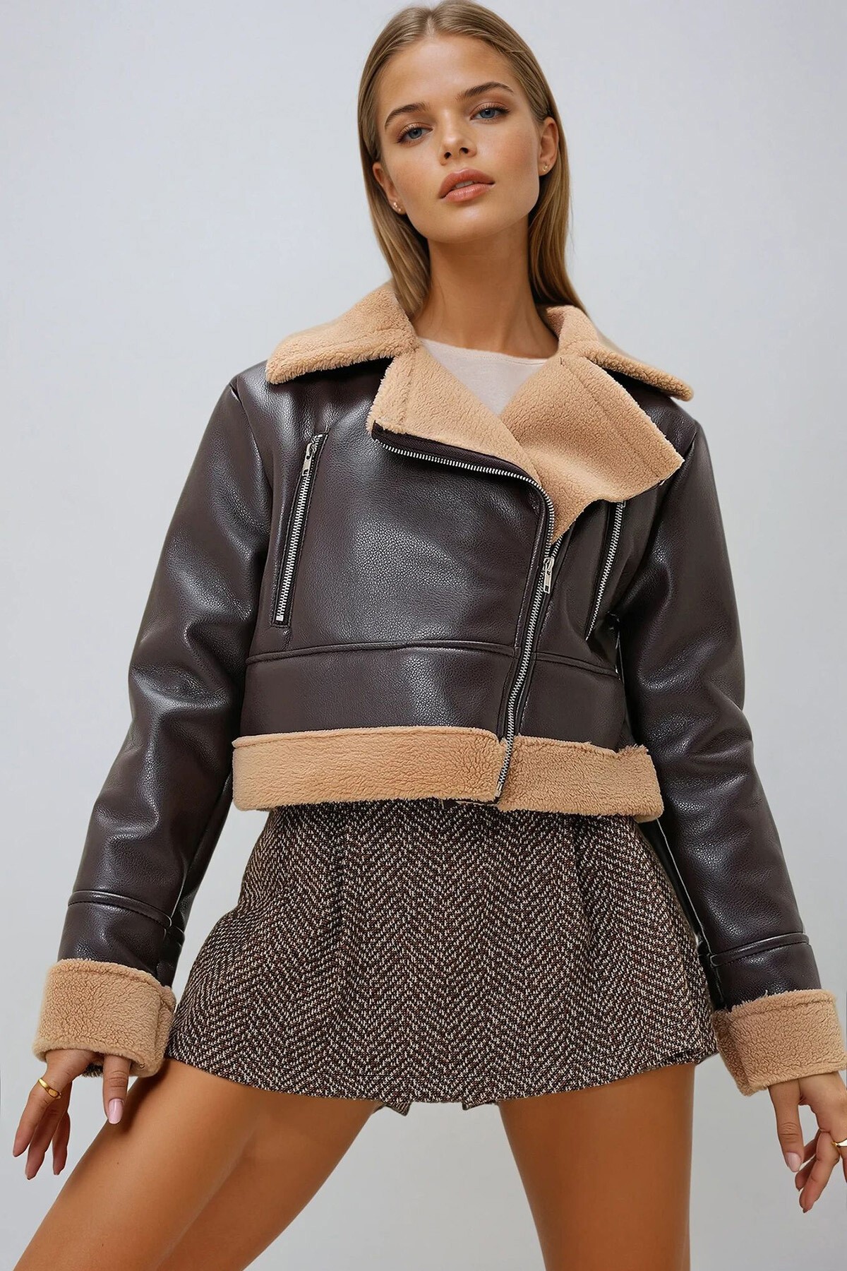 Kahverengi Erkek Yaka Fermuar Detaylı İçi Kürüklü Suni Deri Biker Ceket
