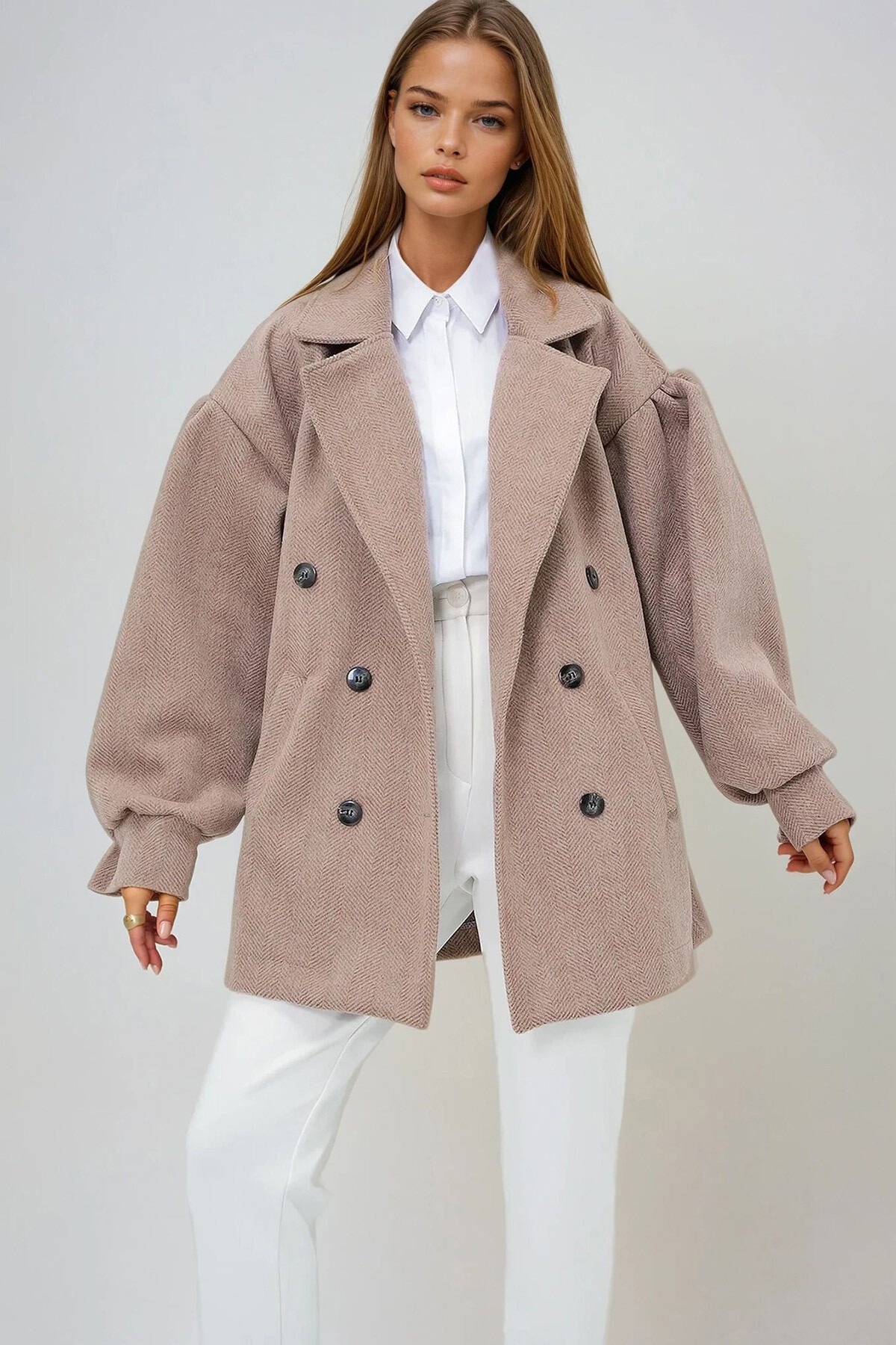 Kahverengi Kruvaze Yaka Balon Kol Kaşe Kaban