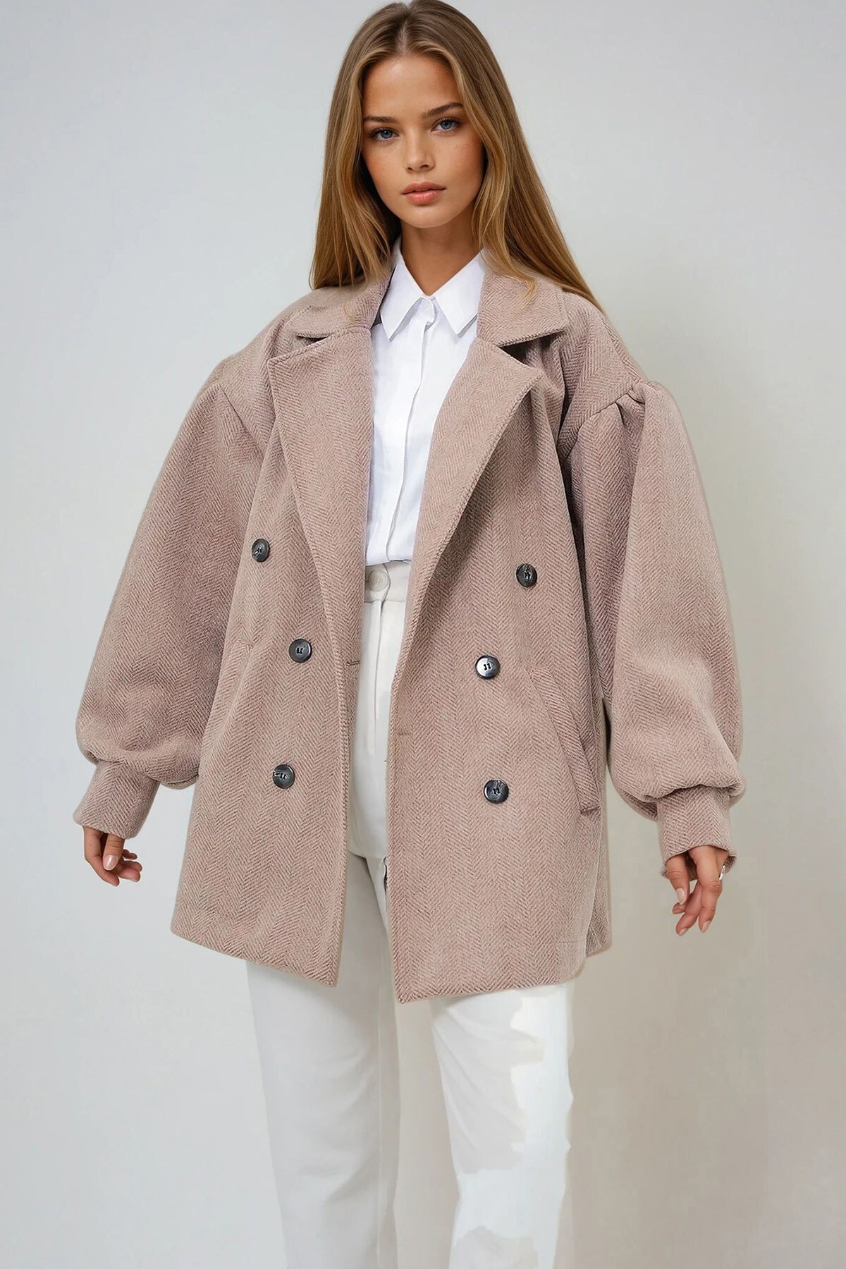 Kahverengi Kruvaze Yaka Balon Kol Kaşe Kaban