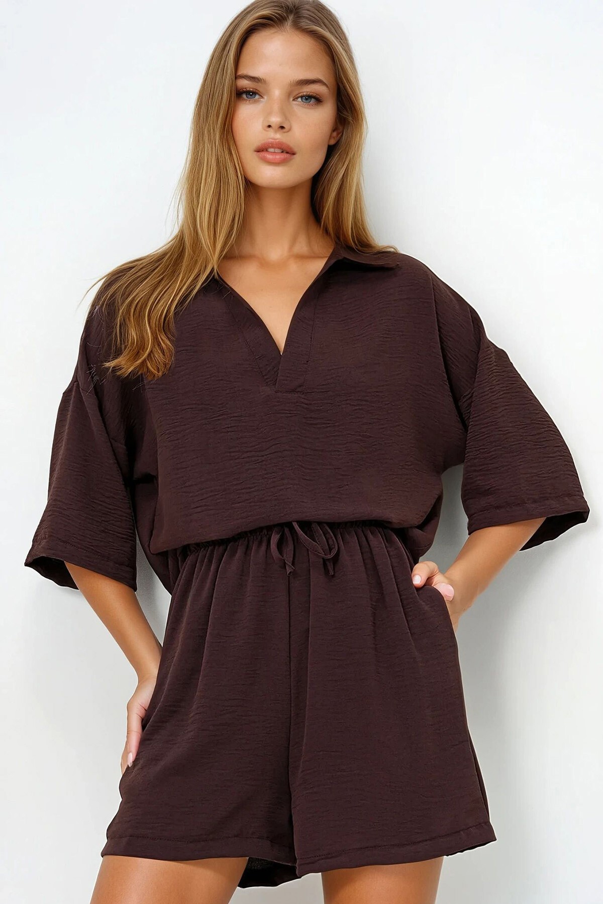 Kahverengi Polo Yaka Aerobin Bluz Ve Şort Takım