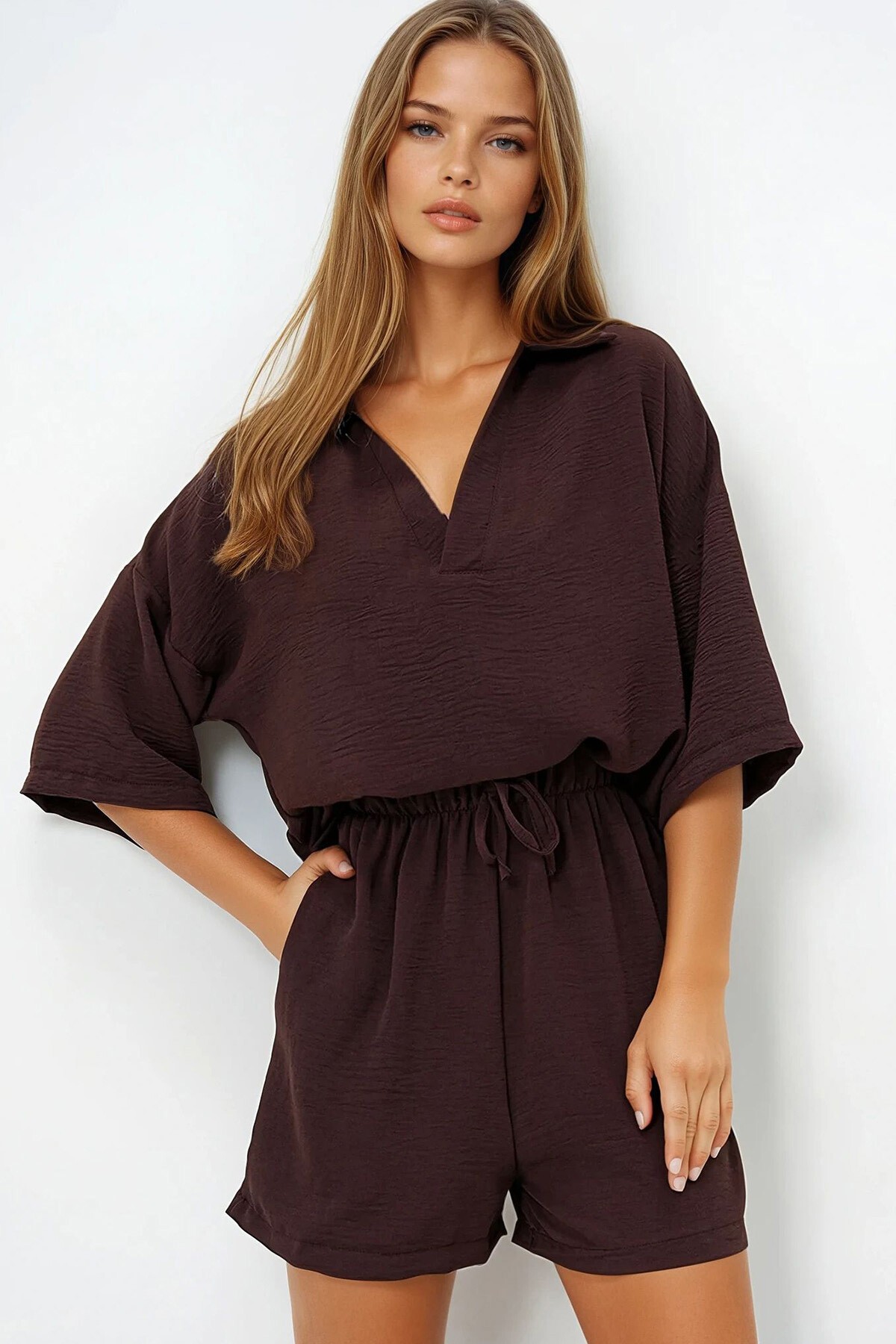 Kahverengi Polo Yaka Aerobin Bluz Ve Şort Takım