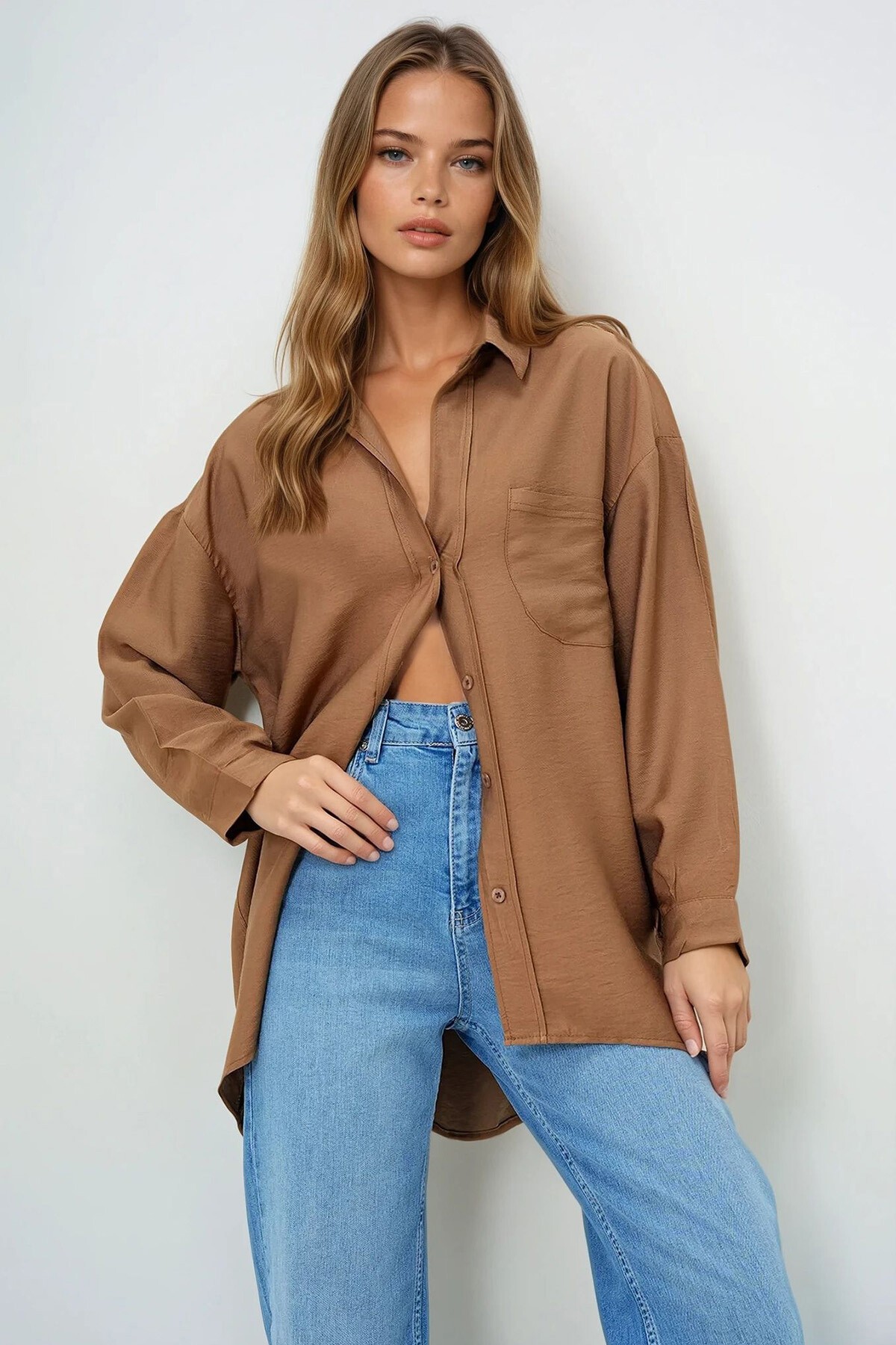 Kahverengi Tek Cepli Oversize Aerobin Keten Gömlek