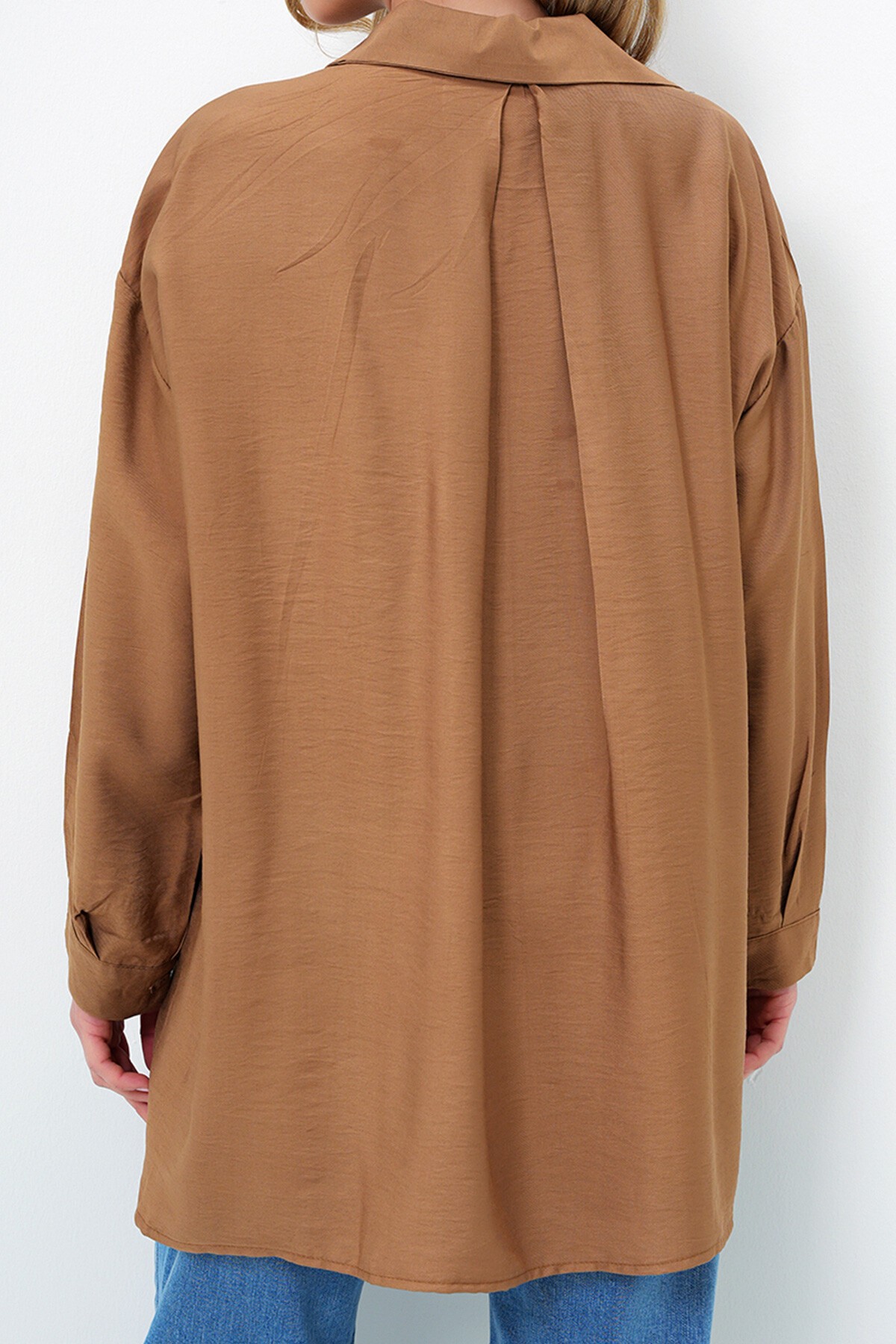 Kahverengi Tek Cepli Oversize Aerobin Keten Gömlek