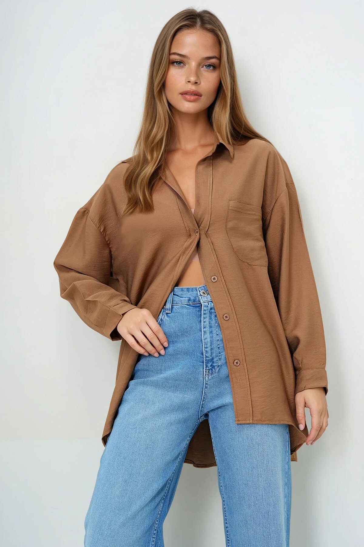 Kahverengi Tek Cepli Oversize Aerobin Keten Gömlek