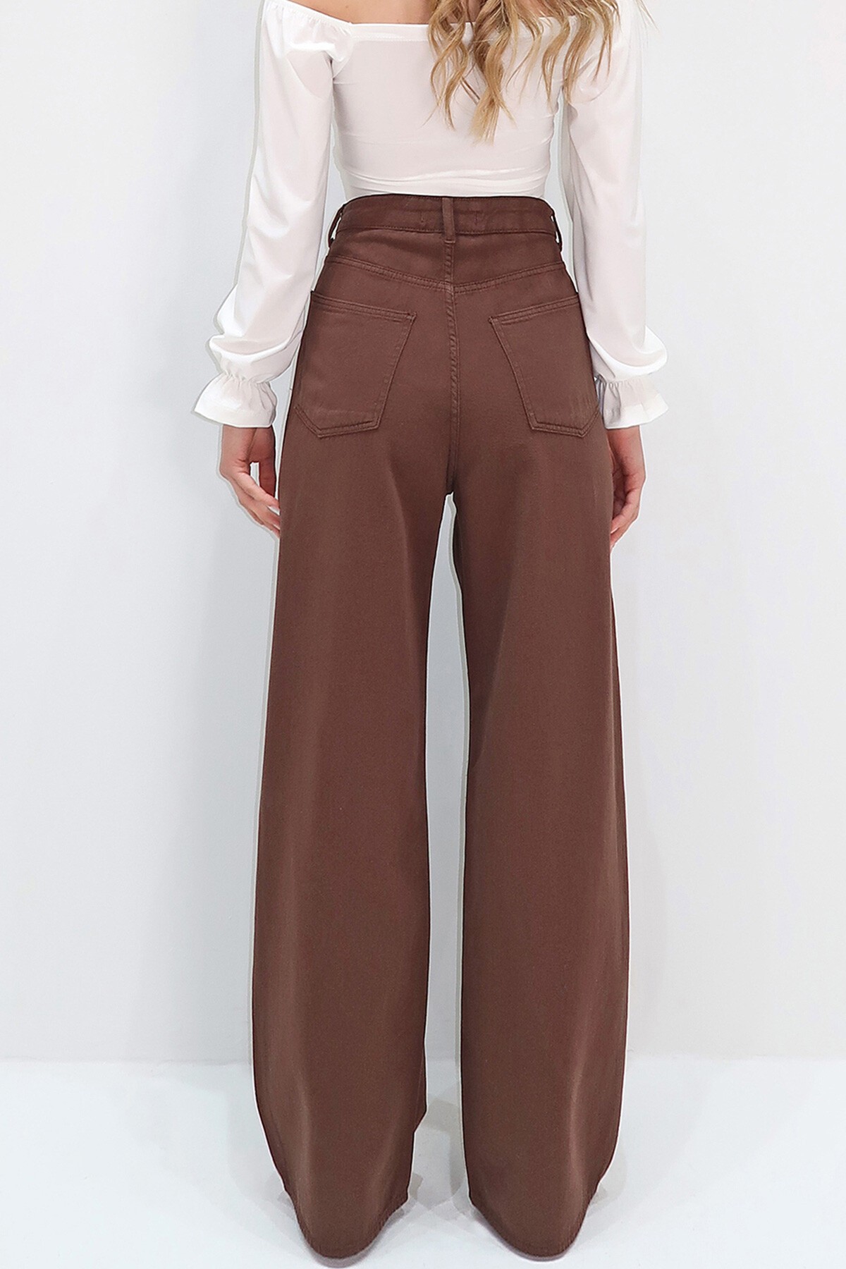 Kahverengi Yüksek Bel Beş Cepli Wide Leg Yazlık Gabardin Pantolon