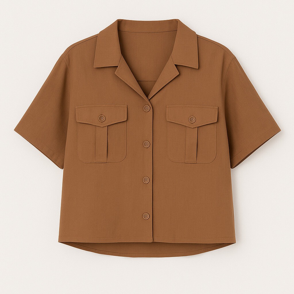 Karamel Çift Cepli Yarım Kol Keten Gömlek