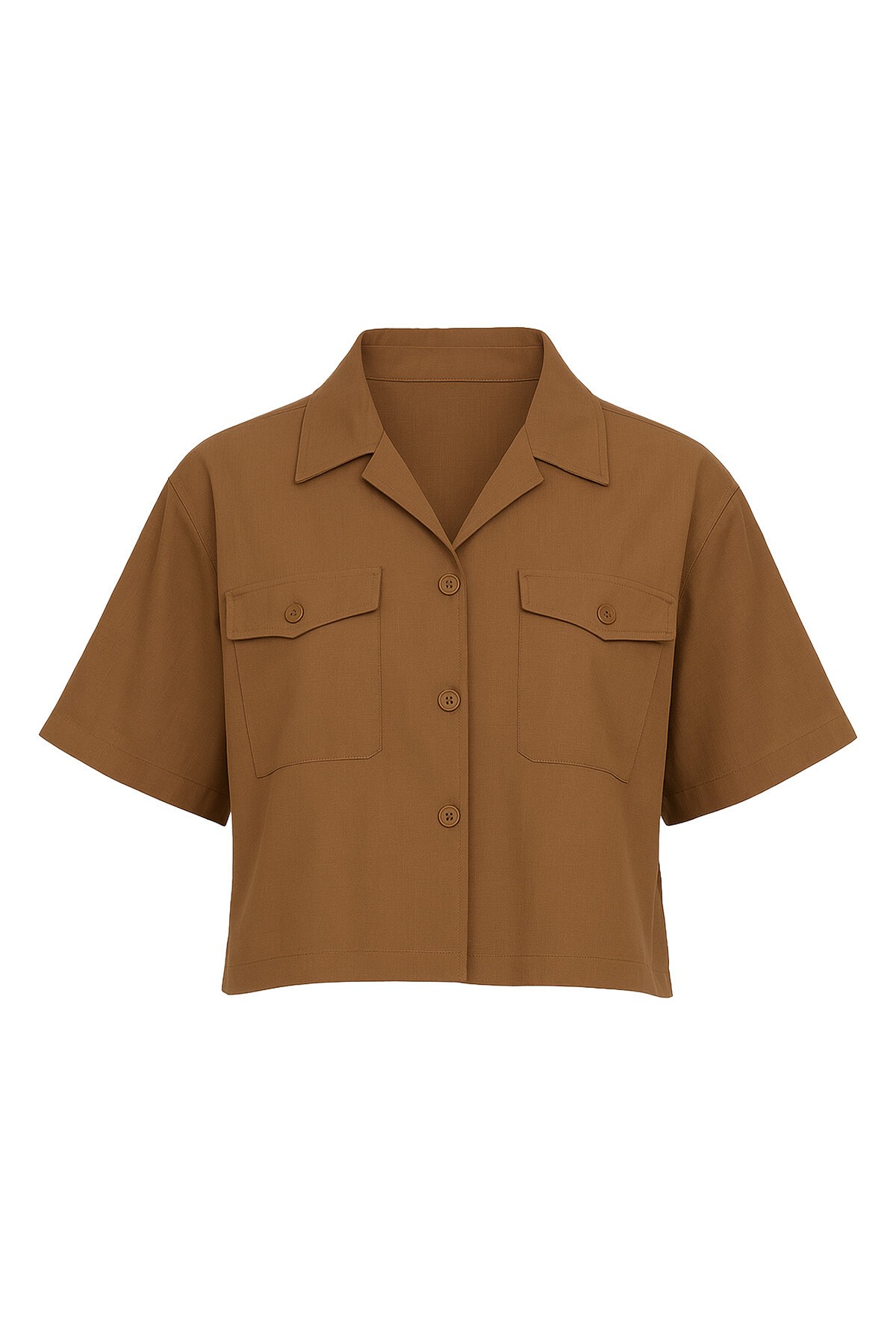 Karamel Çift Cepli Yarım Kol Keten Gömlek