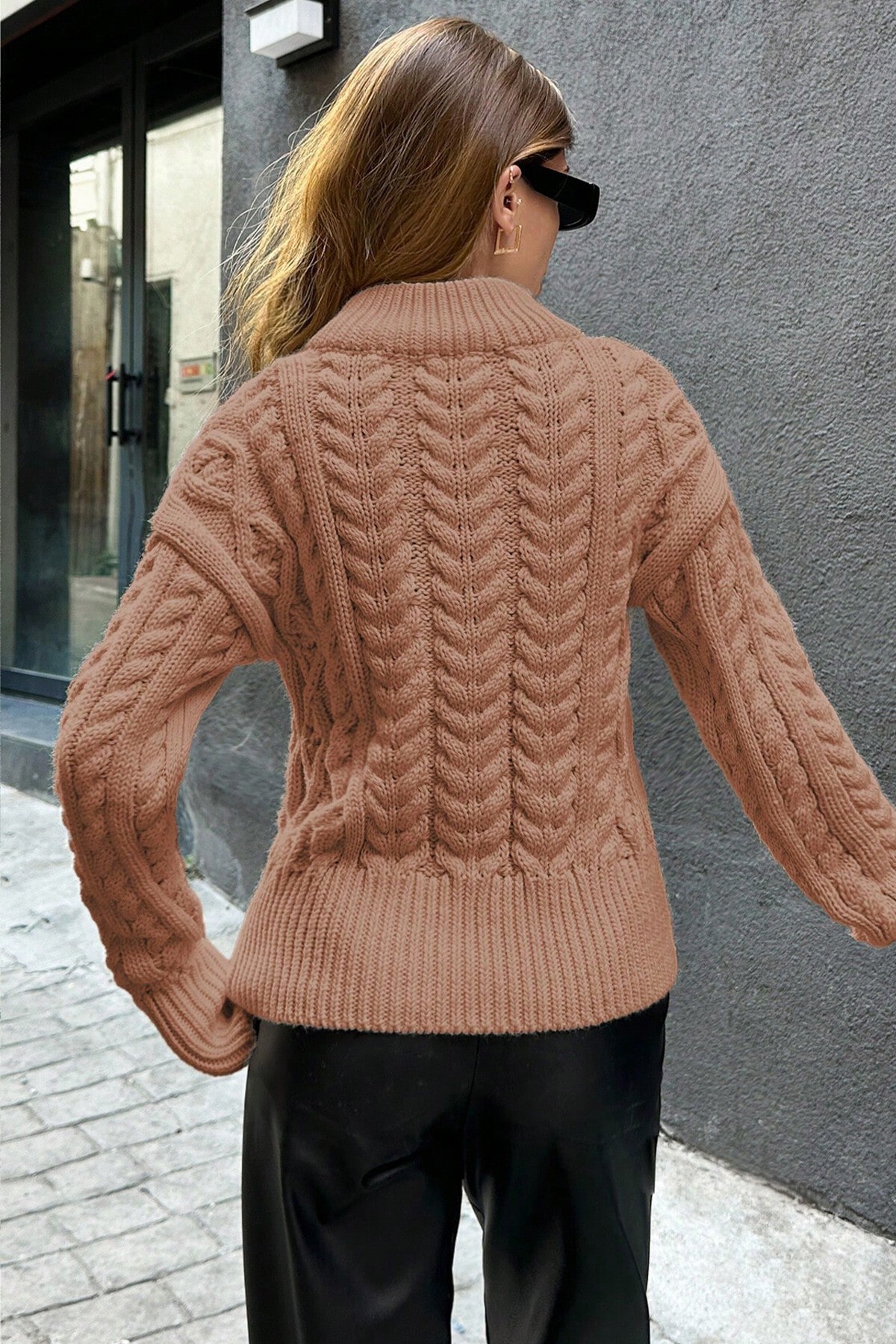 Karamel Çift Fermuarlı Örgü Desenli Triko Hırka