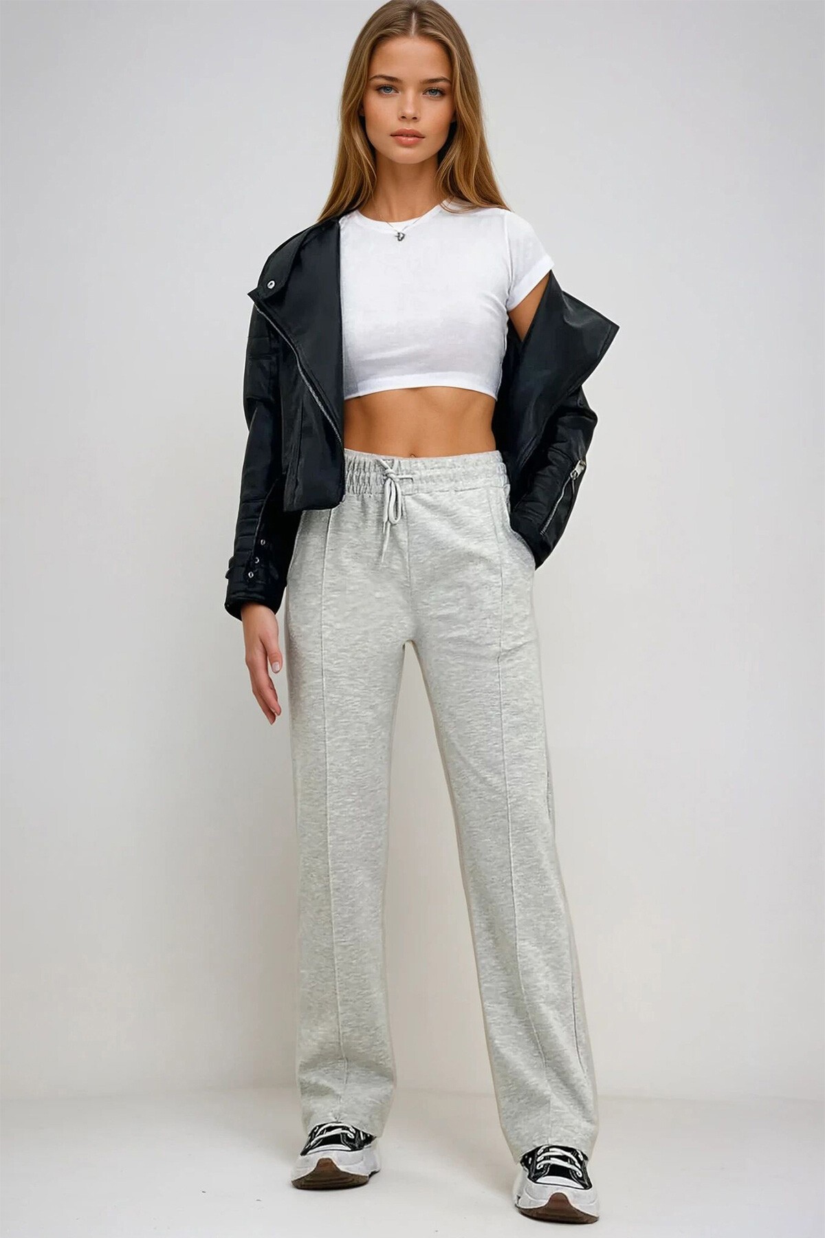 Karmelanj Yüksek Bel Önü Çimalı Bol Paça Çift Cepli Eşofman Altı