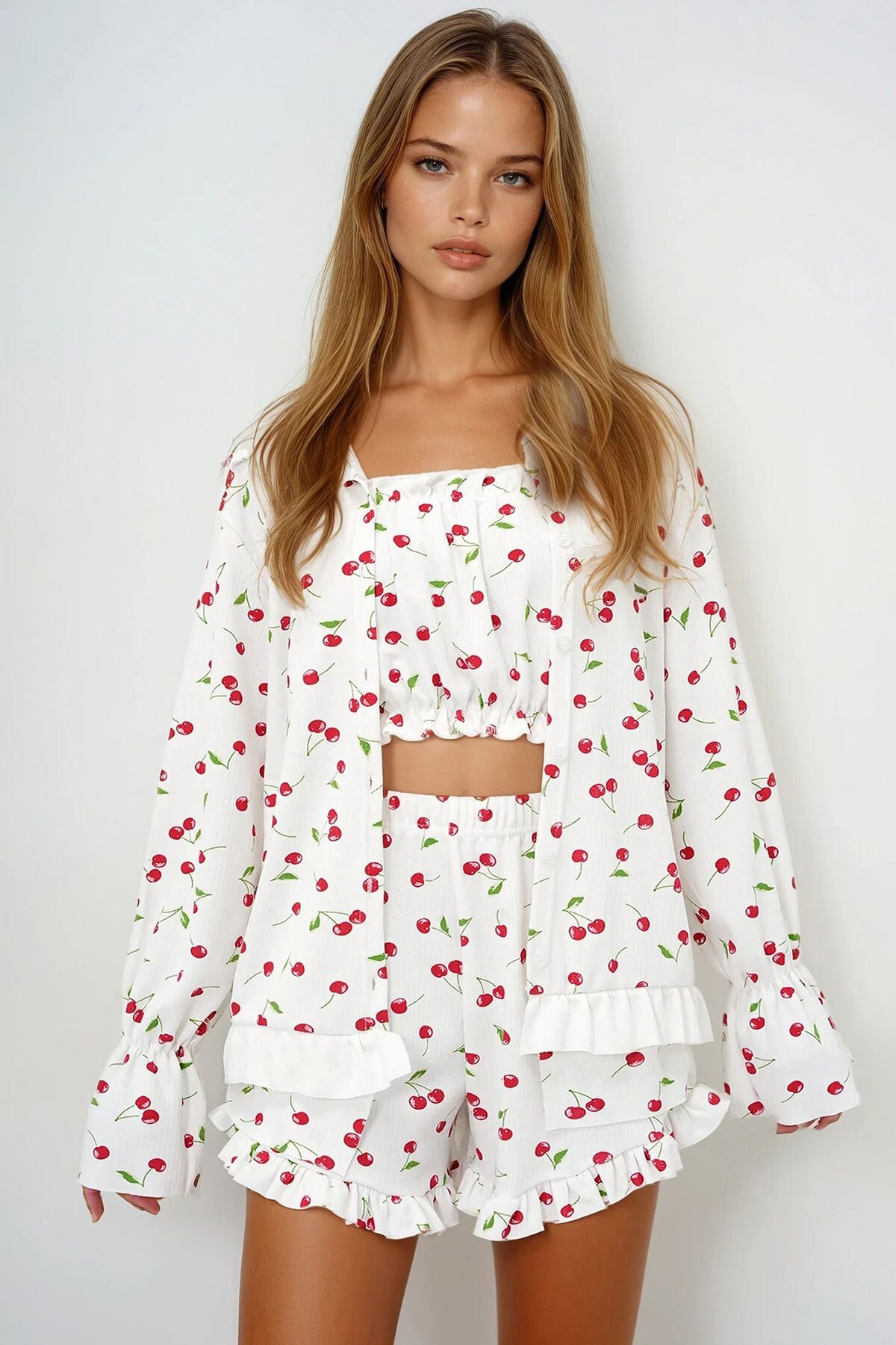 Kiraz Desen Kırmızı Pamuklu Fırfır Detaylı Büstiyer Şort Ve Kimonolu 3Lü Pijama Takımı