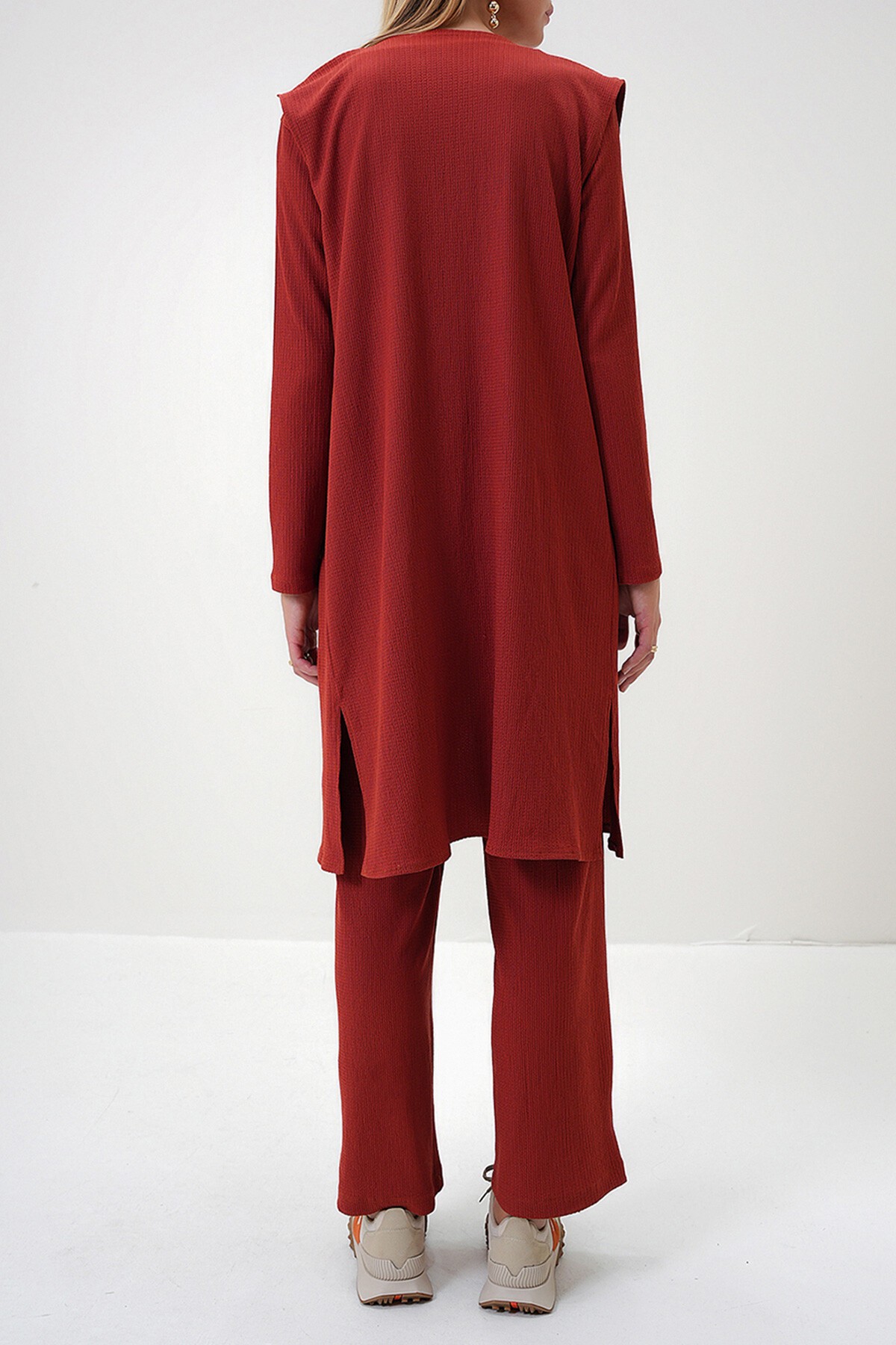 Kiremit Bisiklet Yaka Bluz Çift Cepli Yelek Ve Pantolon 3Lü Takım