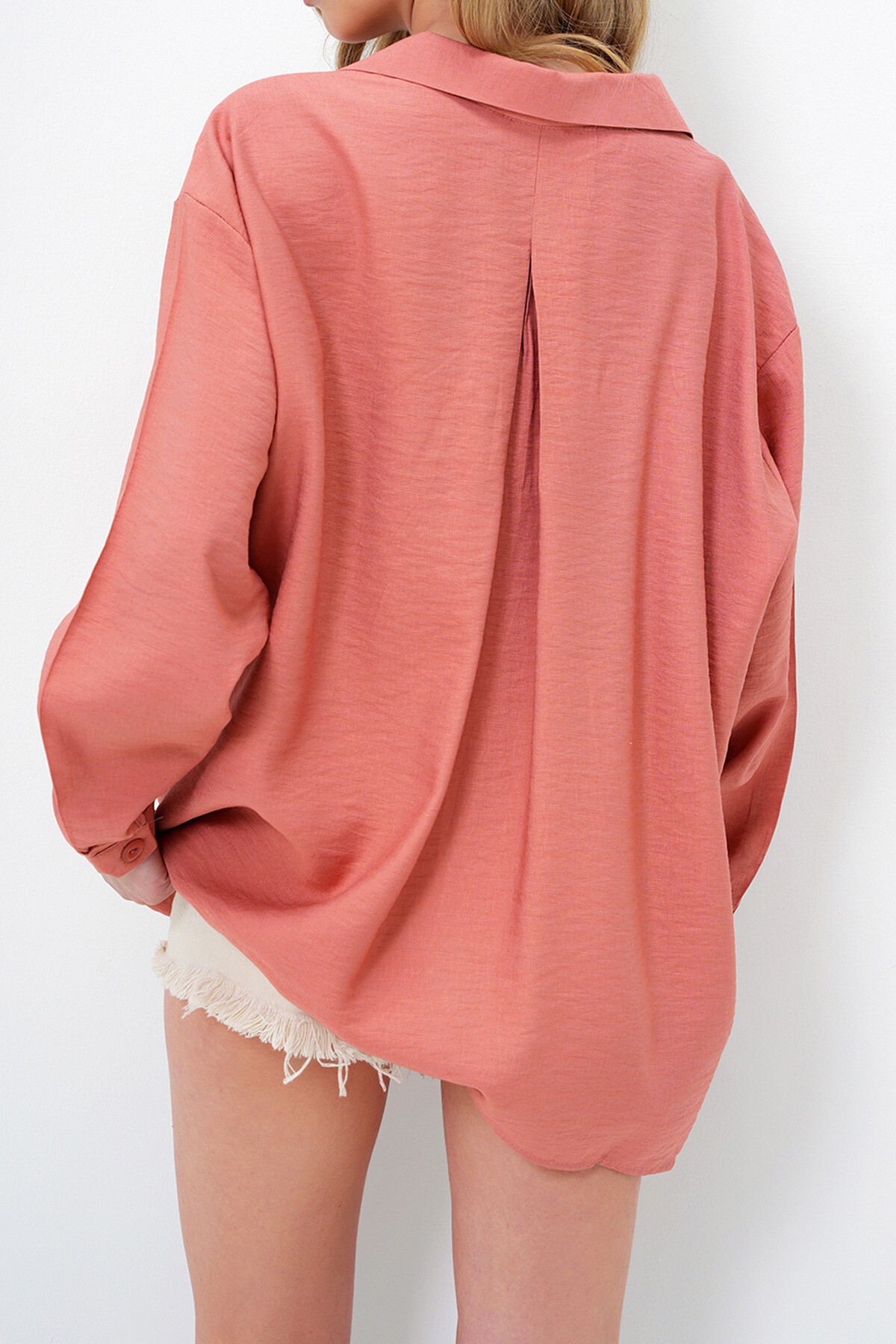 Kiremit Tek Cepli Keten Karışımlı Oversize Gömlek