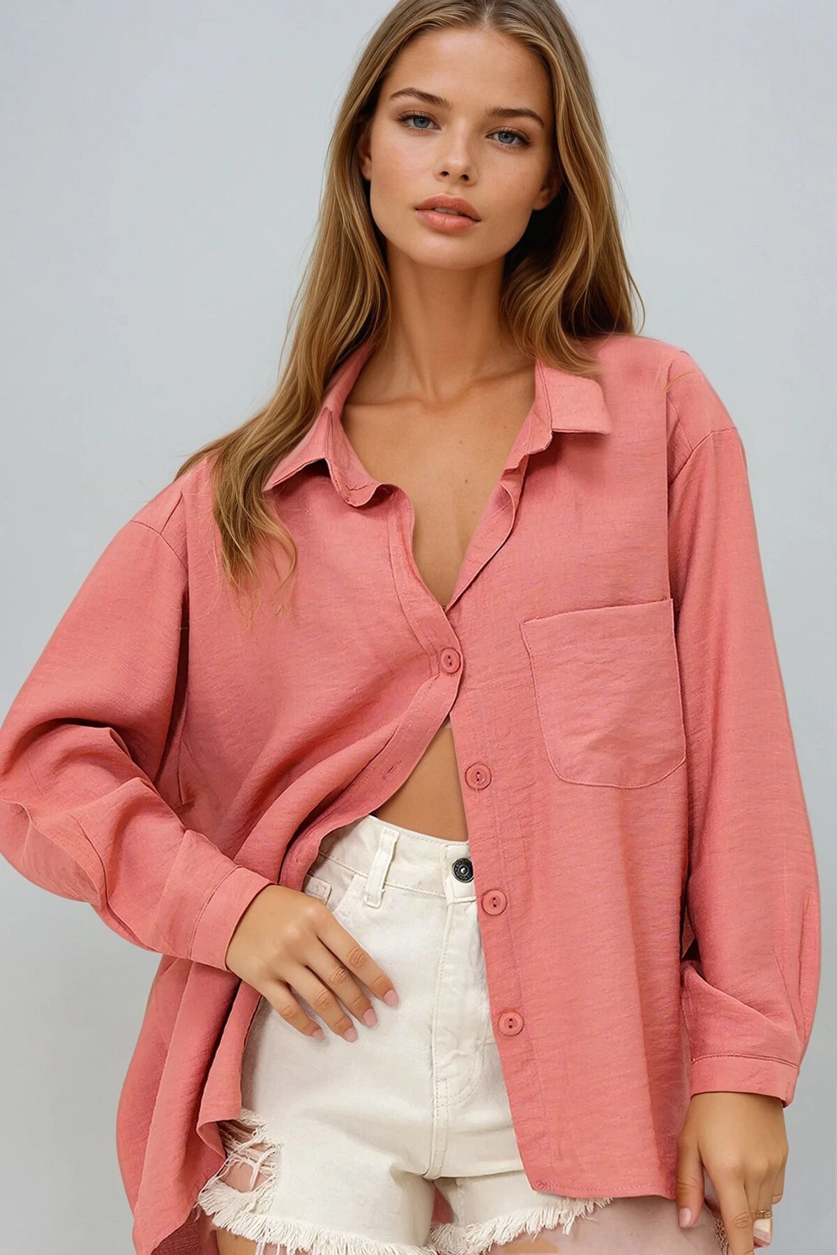 Kiremit Tek Cepli Keten Karışımlı Oversize Gömlek