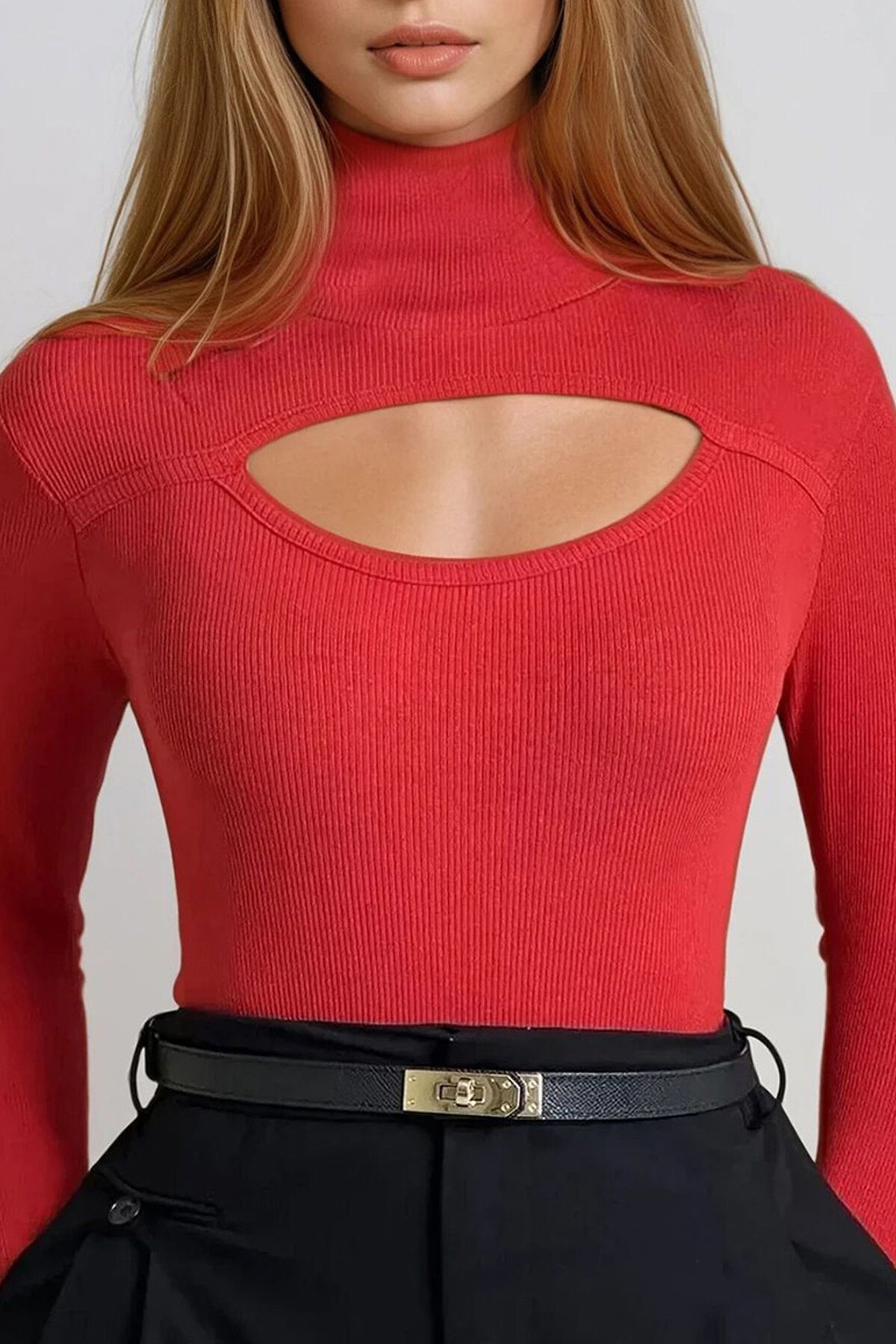 Kırmızı Balıkçı Yaka Out Cut Kesimli Fitilli Örme Bluz