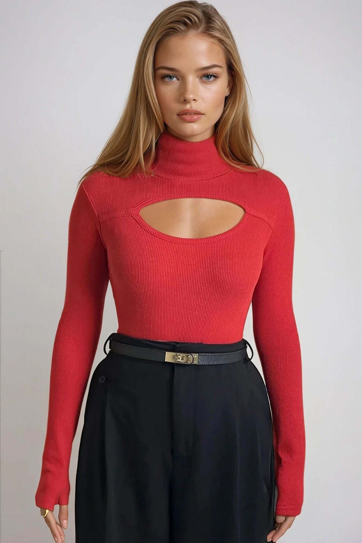 Kırmızı Balıkçı Yaka Out Cut Kesimli Fitilli Örme Bluz