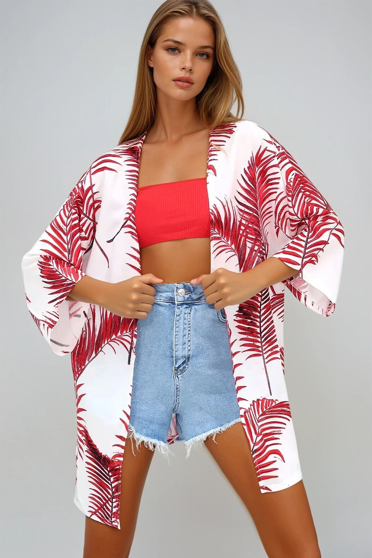 Kırmızı Desenli Kimono Ceket