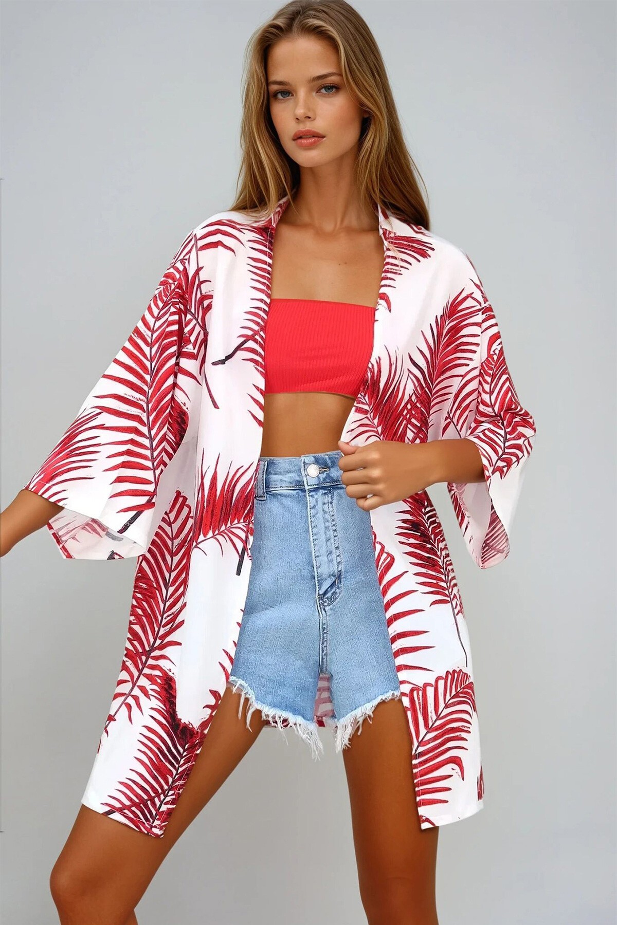 Kırmızı Desenli Kimono Ceket