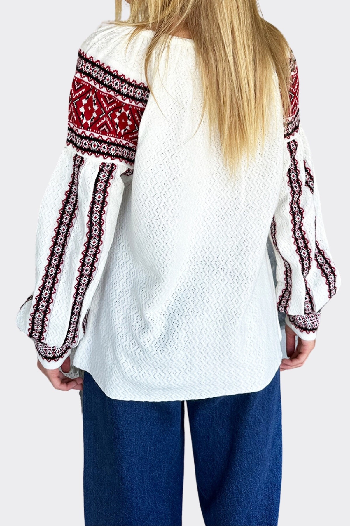 Kırmızı Etnik Desenli Ponponlu Triko Bluz