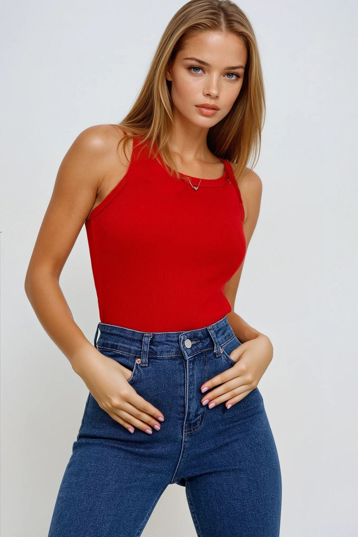 Kırmızı İp Askılı Halter Yaka Kaşkorse Atlet