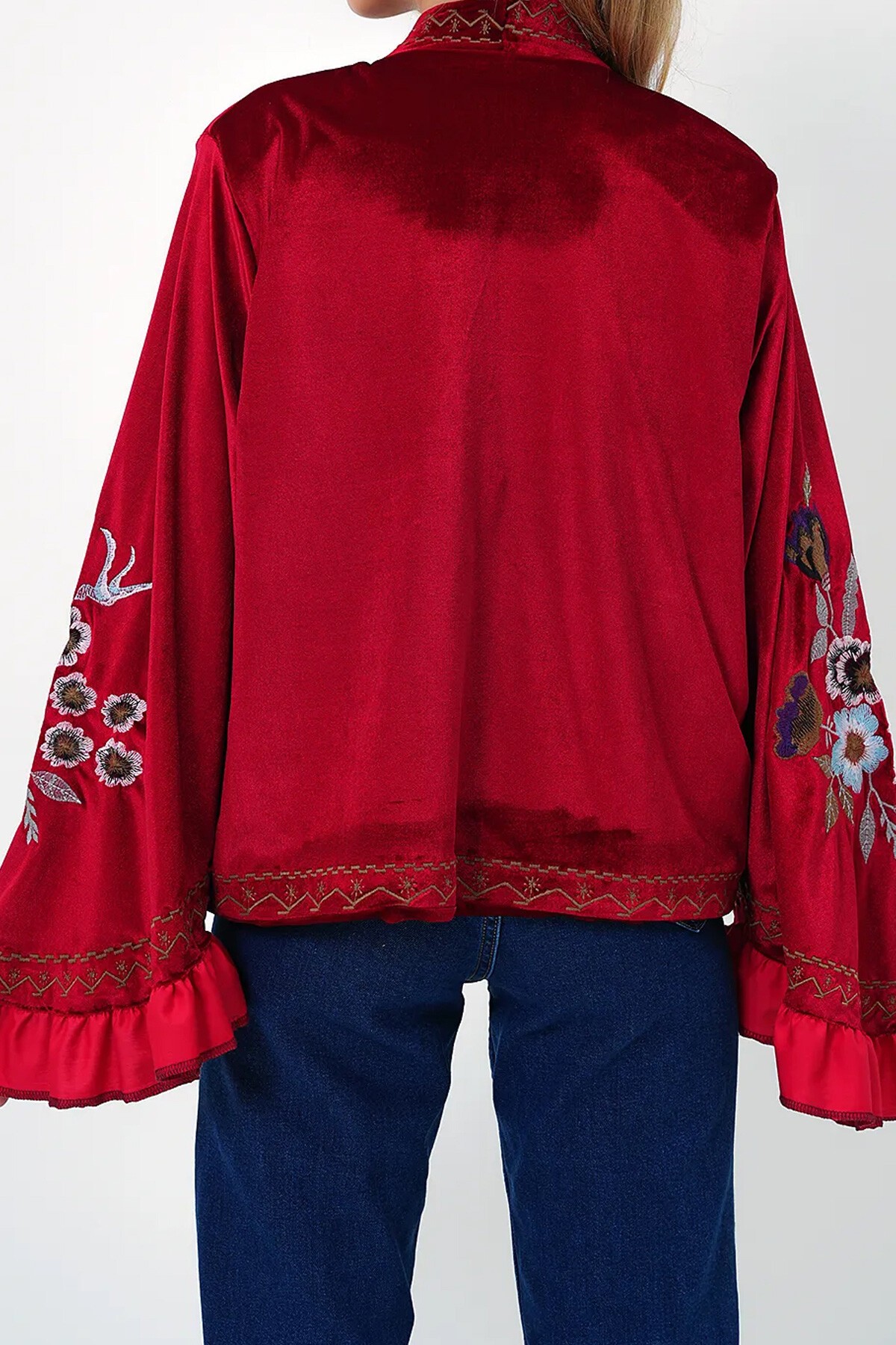 Kırmızı Kadife Nakışlı Carmen Ceket