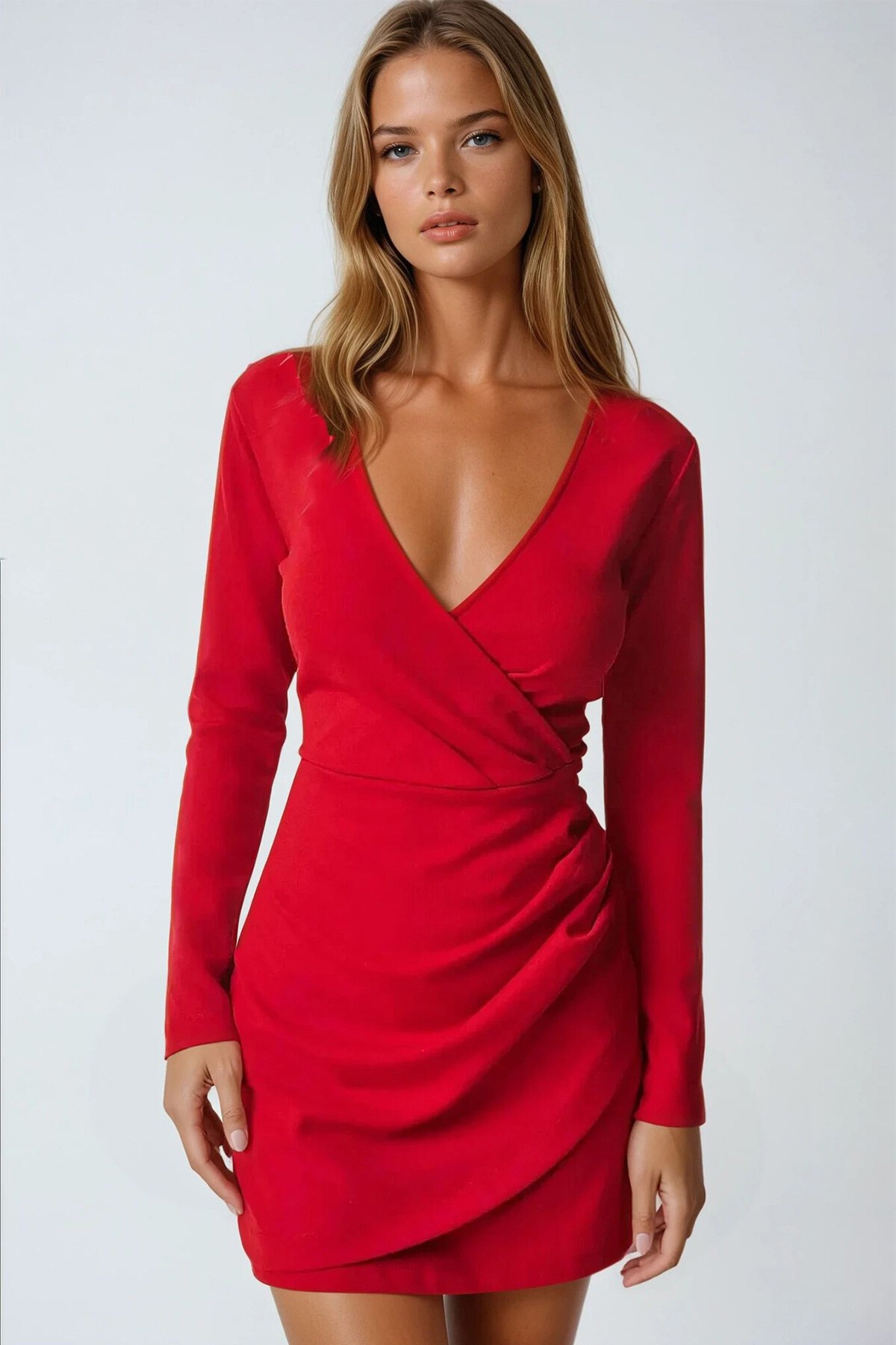 Kırmızı Kruvaze Yaka Sandy Elbise